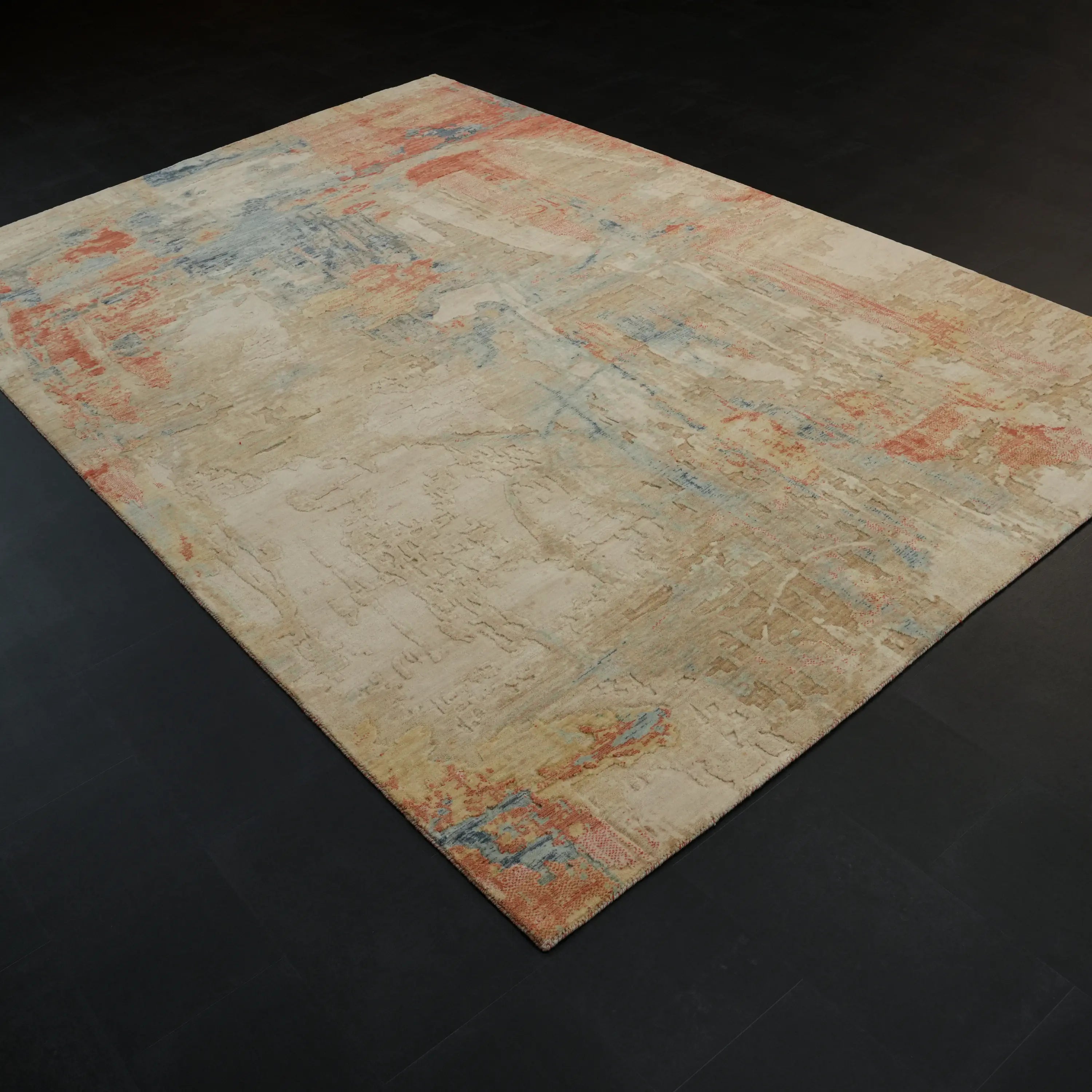 Soyut Desenli Yün Modern Krem Tezgah Dokuma Halı