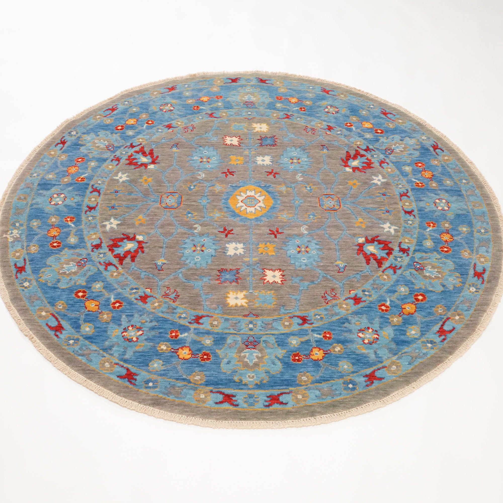 Tempus Serisi Uşak Desenli Gri/Mavi Yün Yuvarlak Tezgah Dokuma Halı