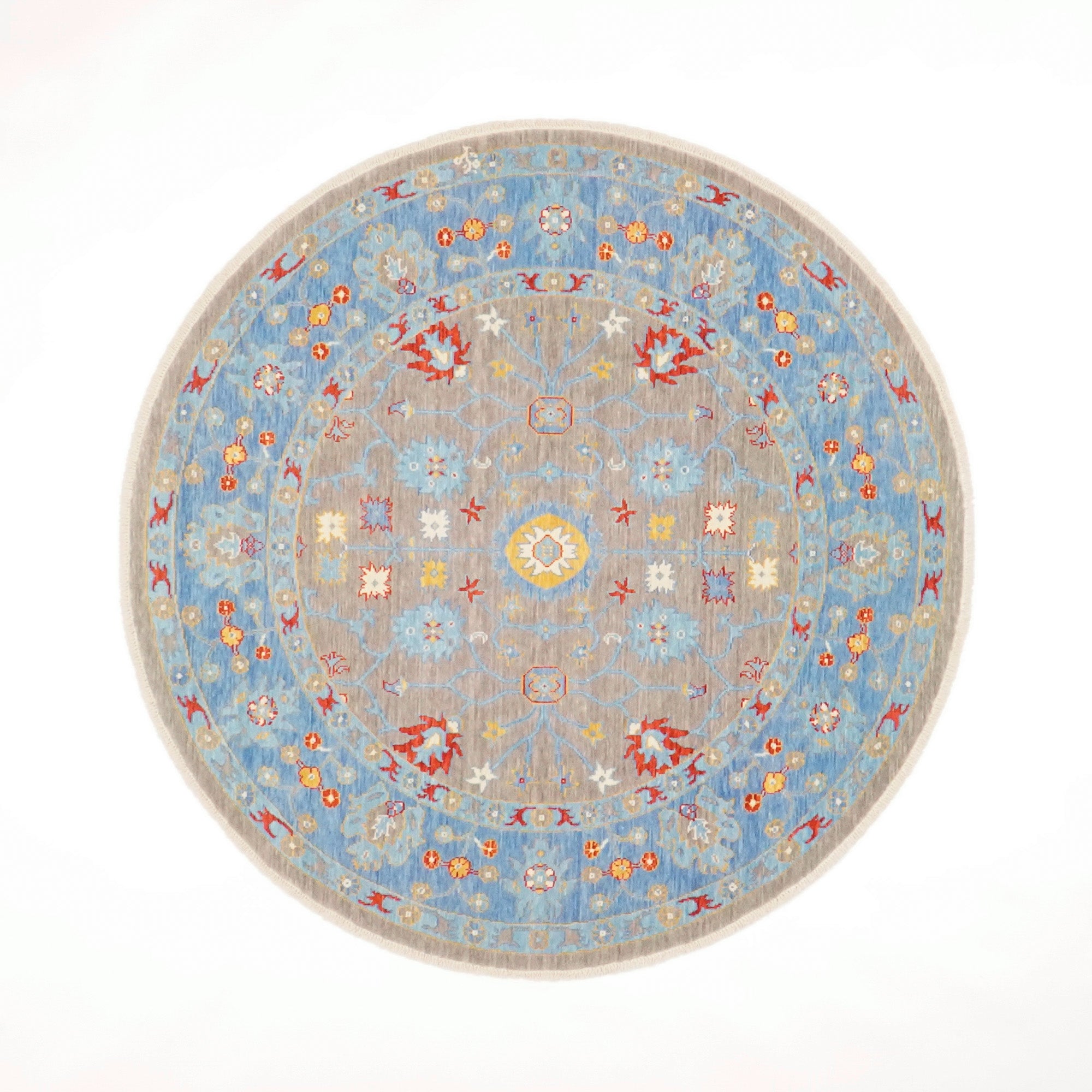 Tempus Serisi Uşak Desenli Gri/Mavi Yün Yuvarlak Tezgah Dokuma Halı