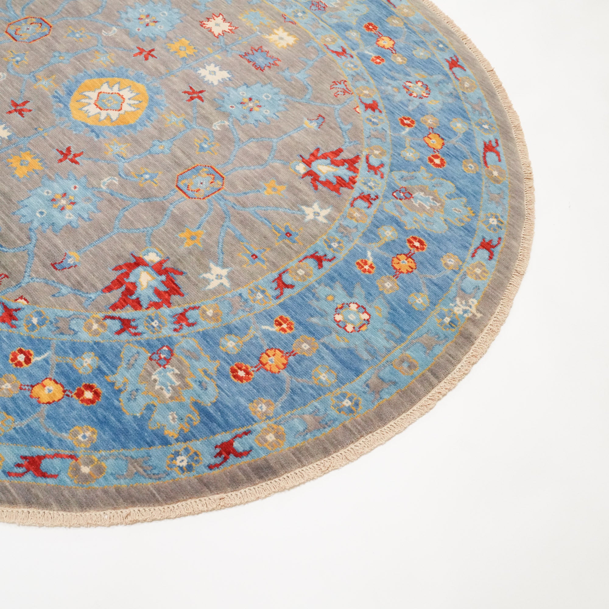 Tempus Serisi Uşak Desenli Gri/Mavi Yün Yuvarlak Tezgah Dokuma Halı