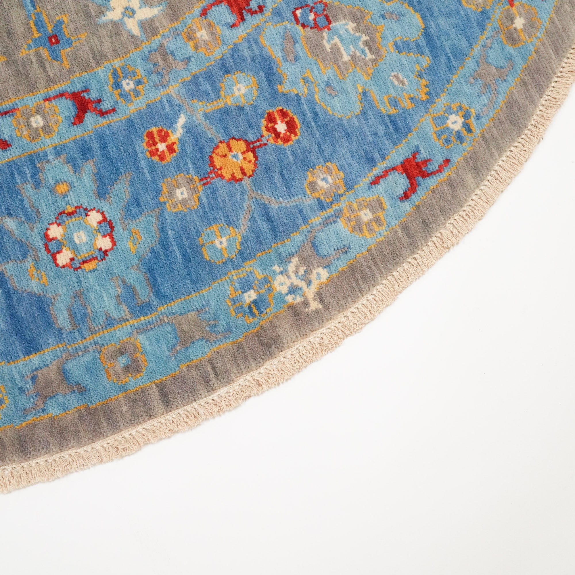 Tempus Serisi Uşak Desenli Gri/Mavi Yün Yuvarlak Tezgah Dokuma Halı