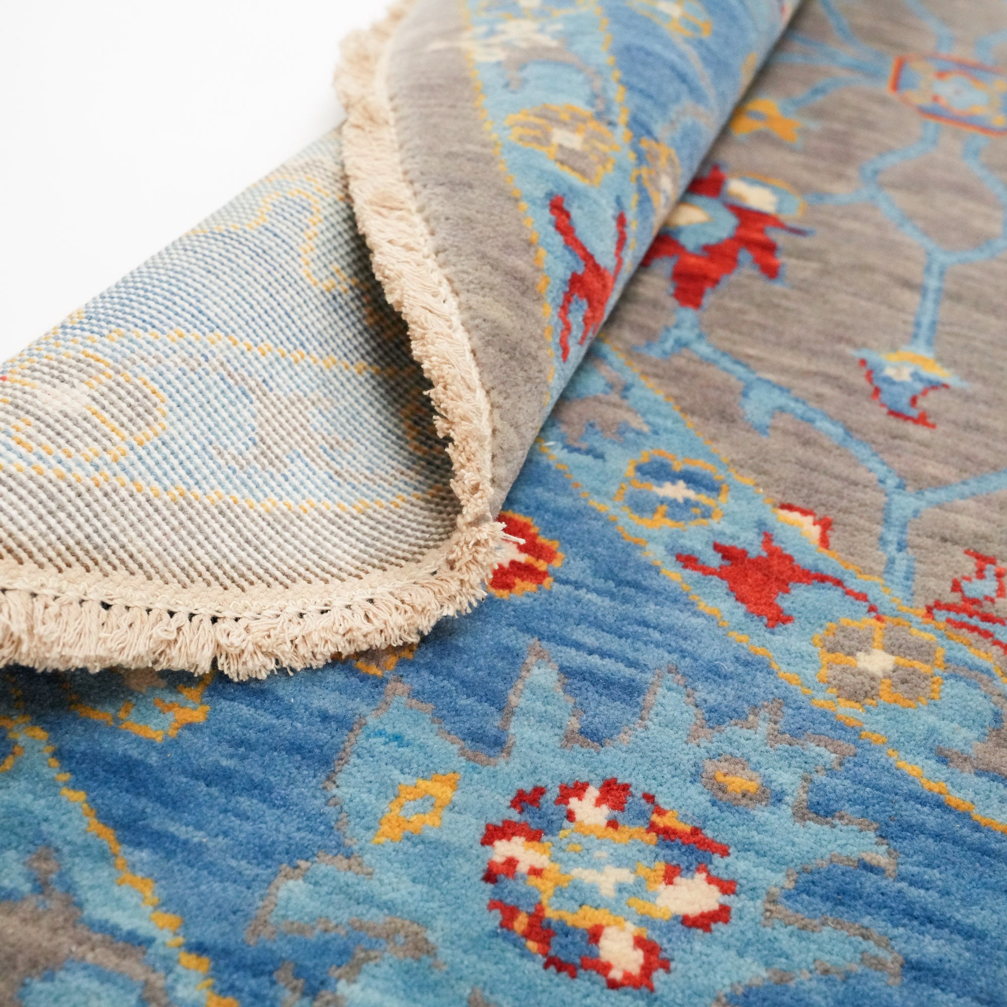 Tempus Serisi Uşak Desenli Gri/Mavi Yün Yuvarlak Tezgah Dokuma Halı