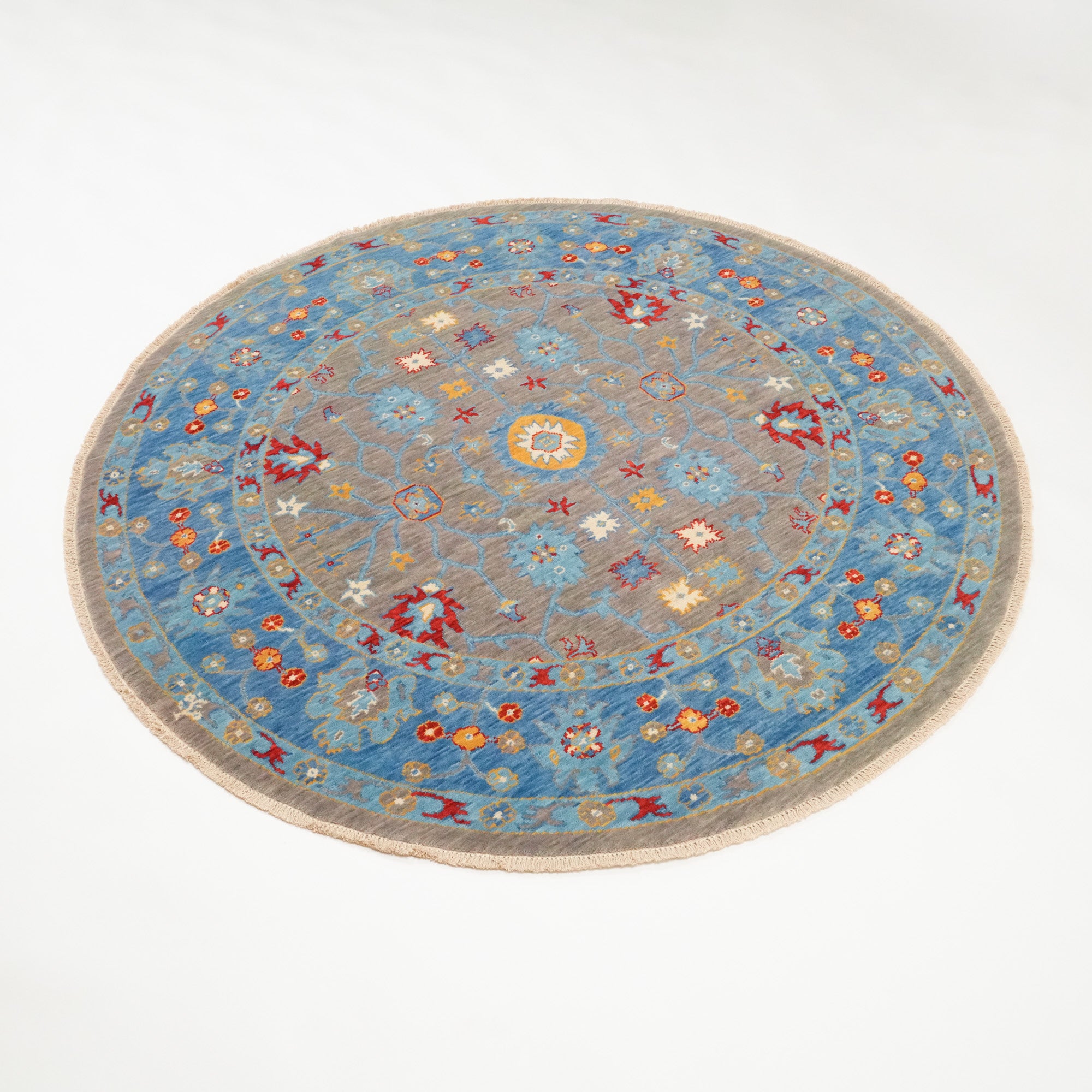 Tempus Serisi Uşak Desenli Gri/Mavi Yün Yuvarlak Tezgah Dokuma Halı