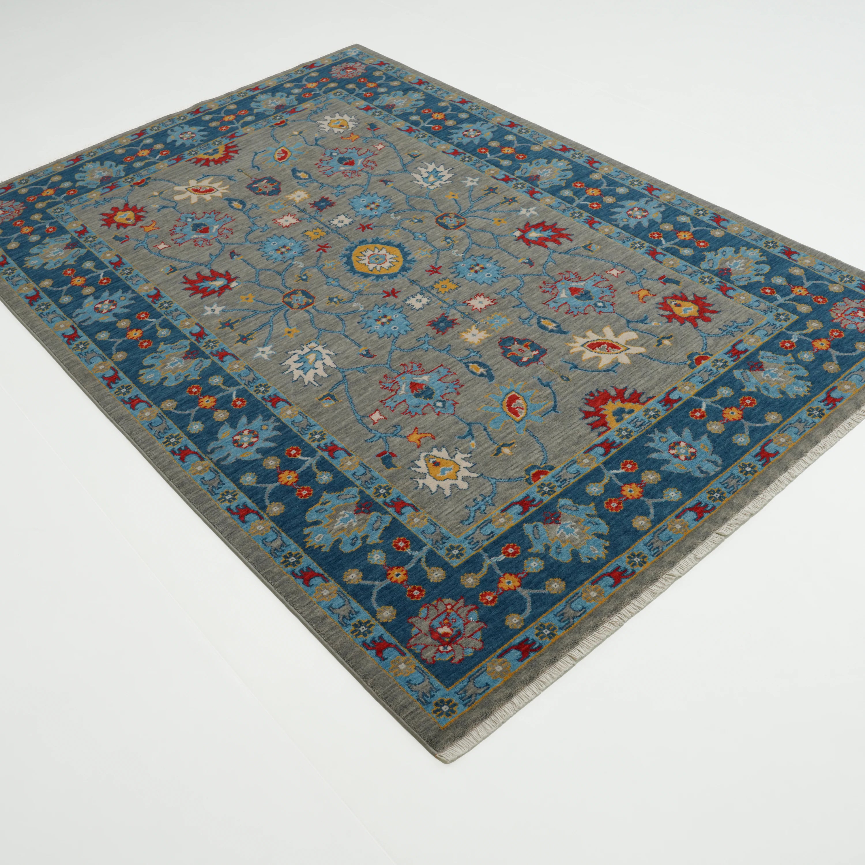 Tempus Serisi Uşak Desenli Mavi-Gri Yün Tezgah Dokuma Halı