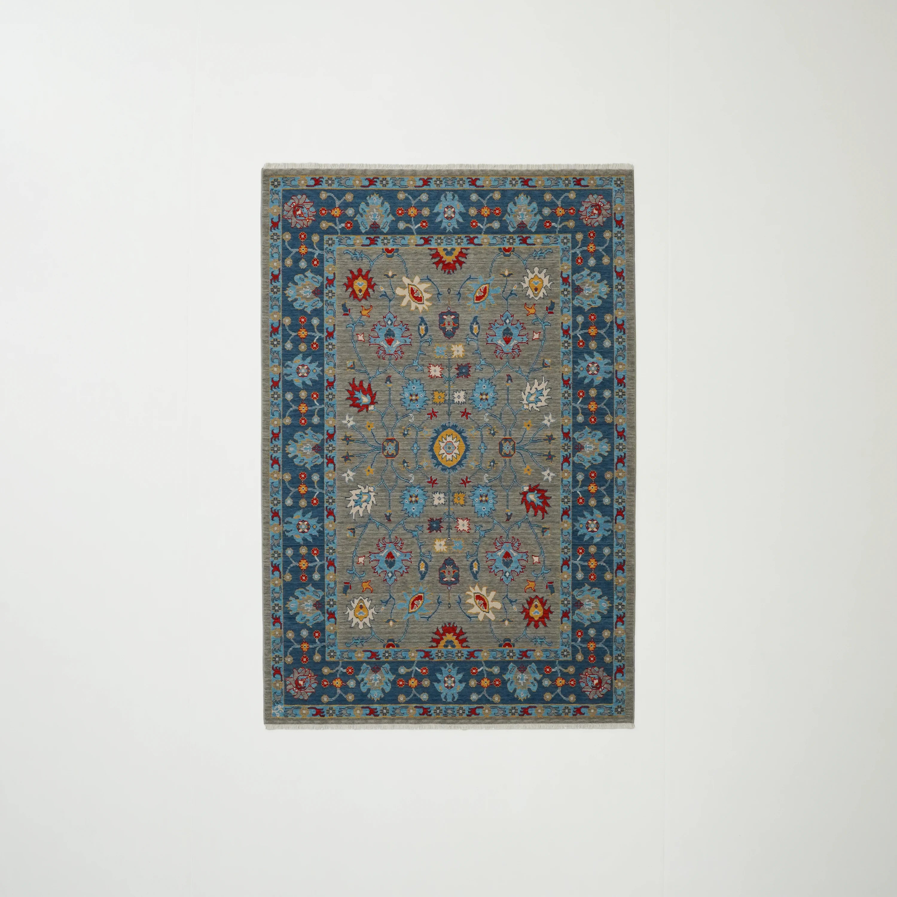 Tempus Series Uşak Patterned Blue-Gray Wool Loom Woven Rug