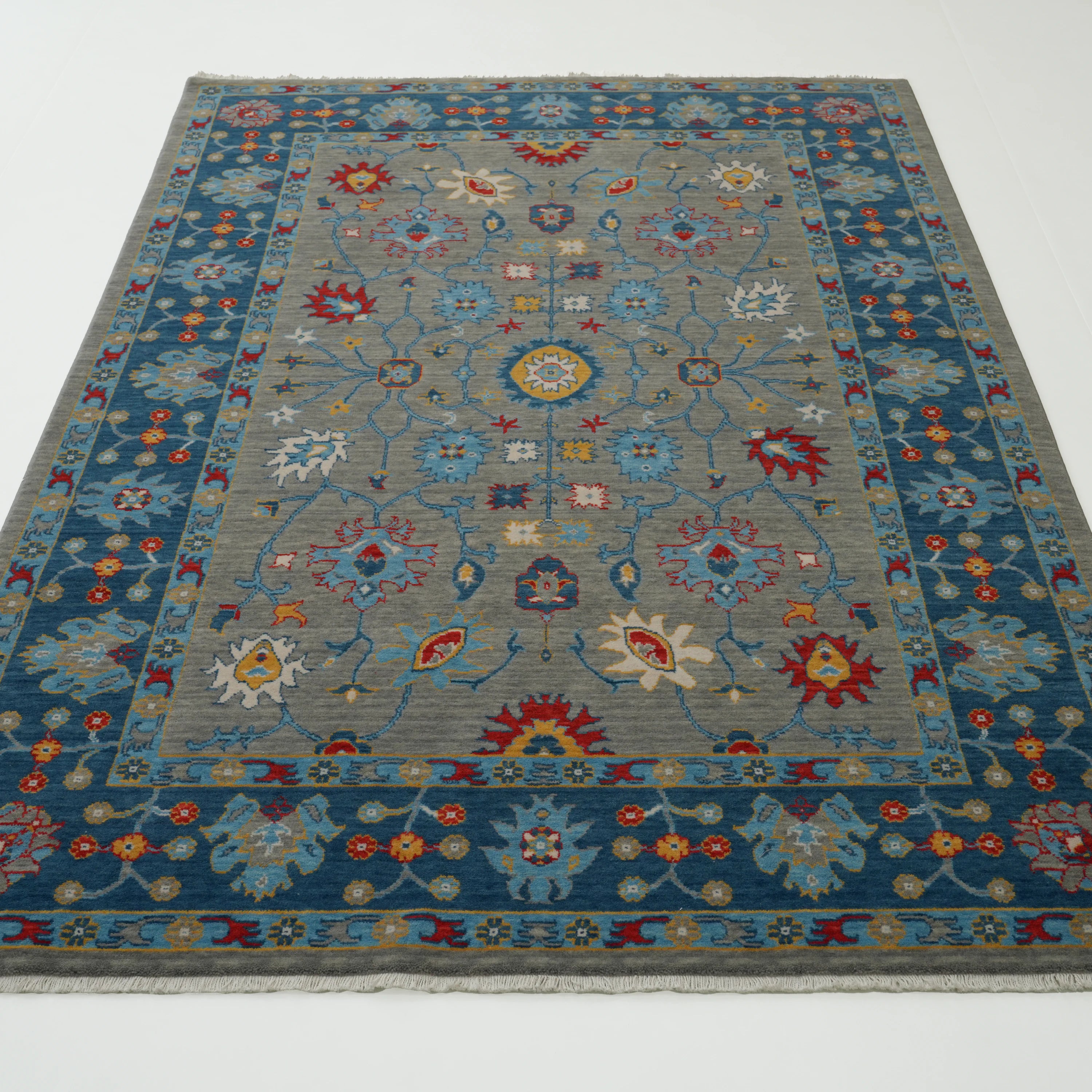 Tempus Serisi Uşak Desenli Mavi-Gri Yün Tezgah Dokuma Halı