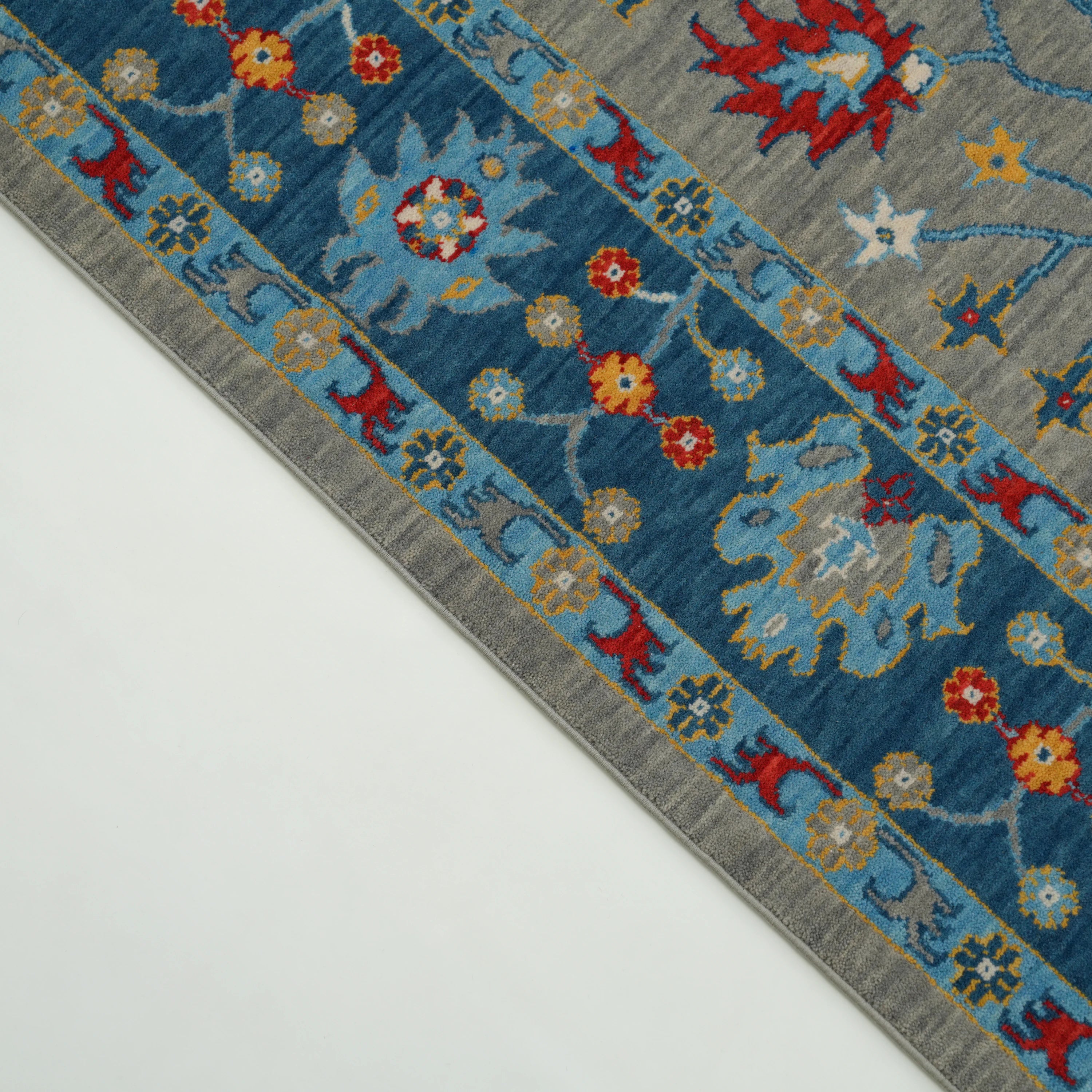 Tempus Series Uşak Patterned Blue-Gray Wool Loom Woven Rug