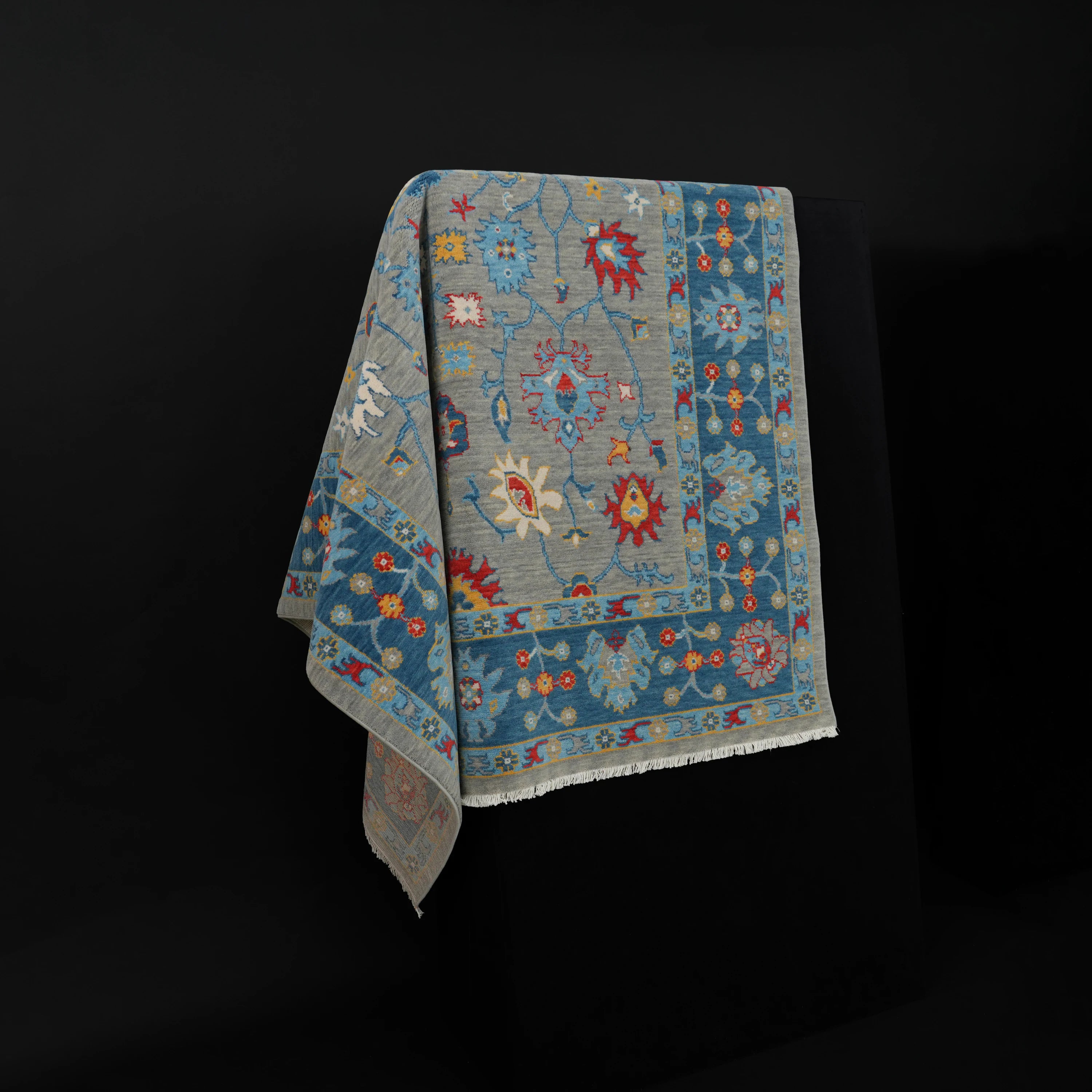Tempus Series Uşak Patterned Blue-Gray Wool Loom Woven Rug