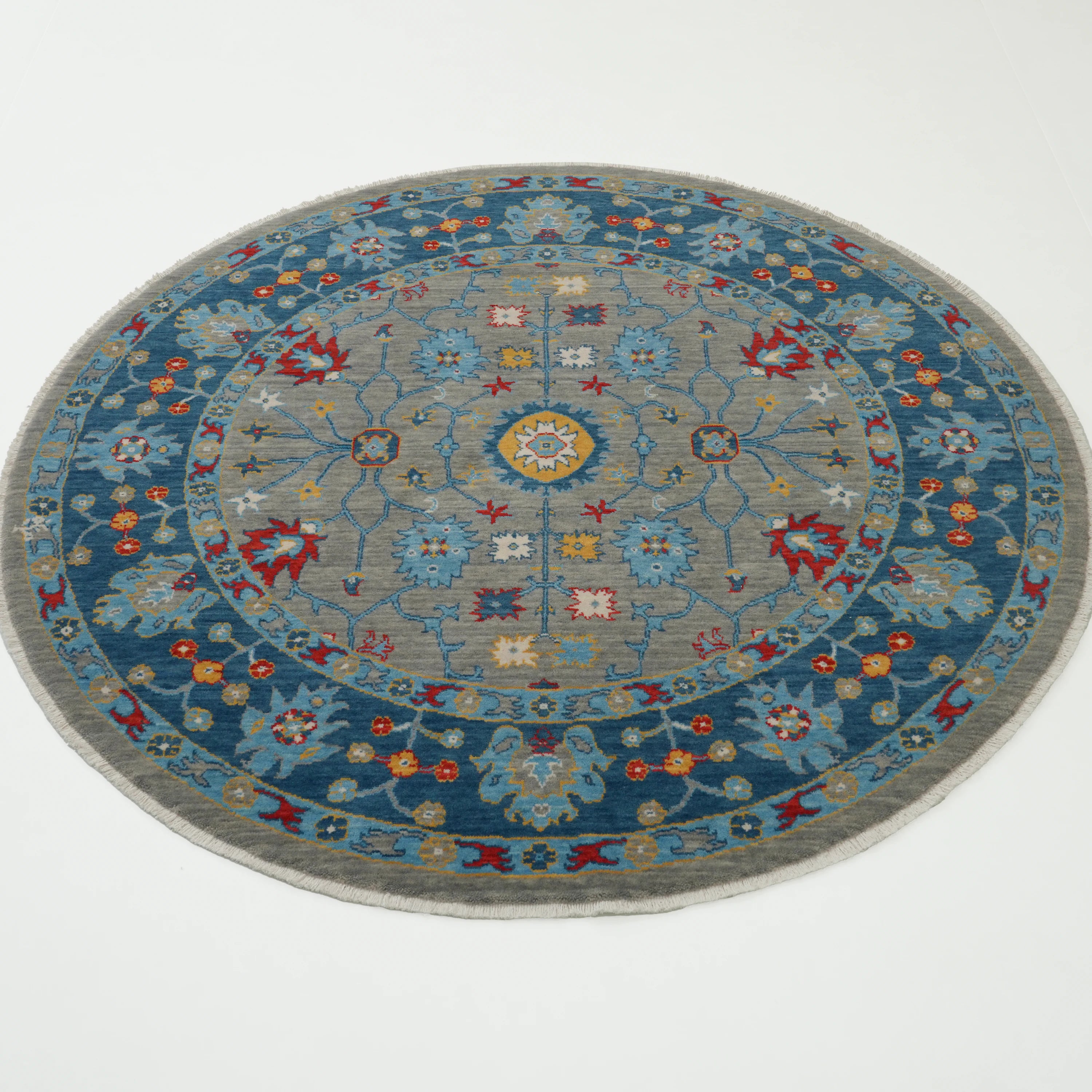 Tempus Serisi Uşak Desenli Mavi-Gri Yün Tezgah Dokuma Yuvarlak Halı