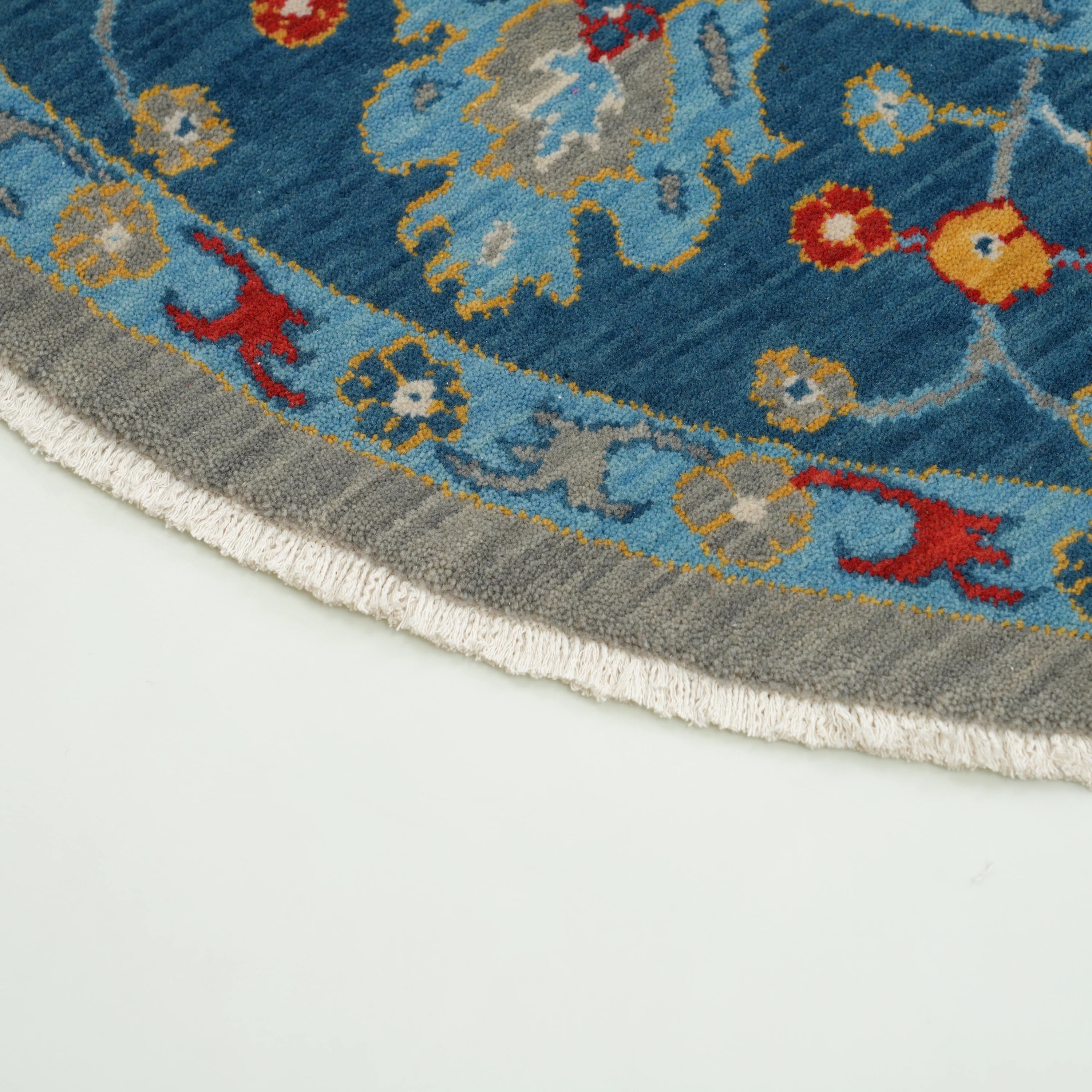 Tempus Serisi Uşak Desenli Mavi-Gri Yün Tezgah Dokuma Yuvarlak Halı