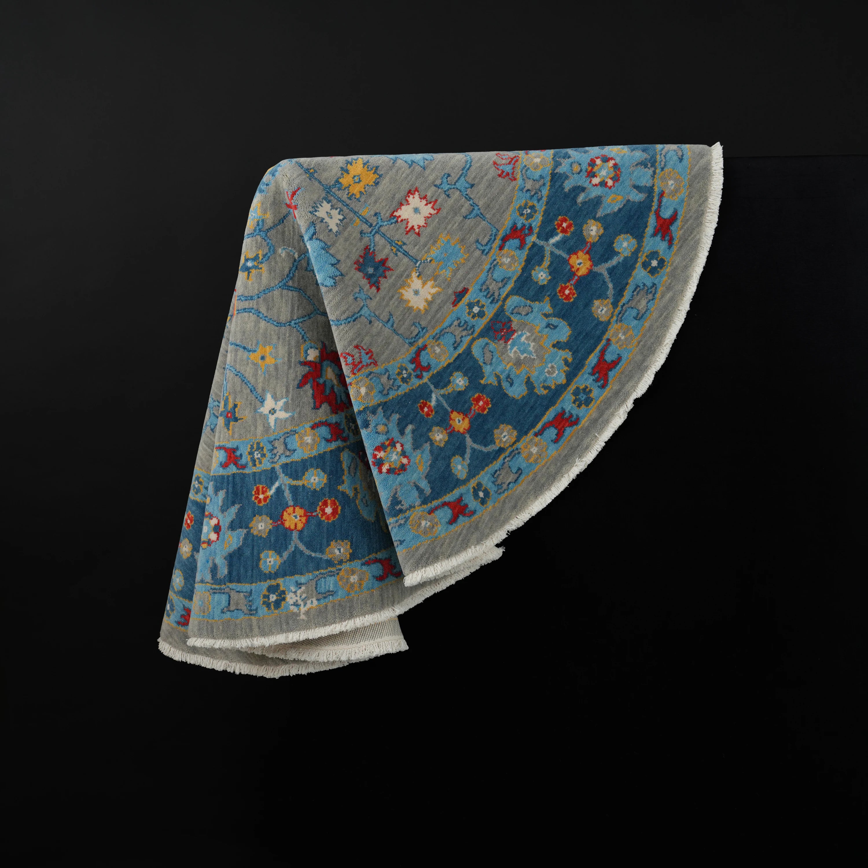 Tempus Serisi Uşak Desenli Mavi-Gri Yün Tezgah Dokuma Yuvarlak Halı