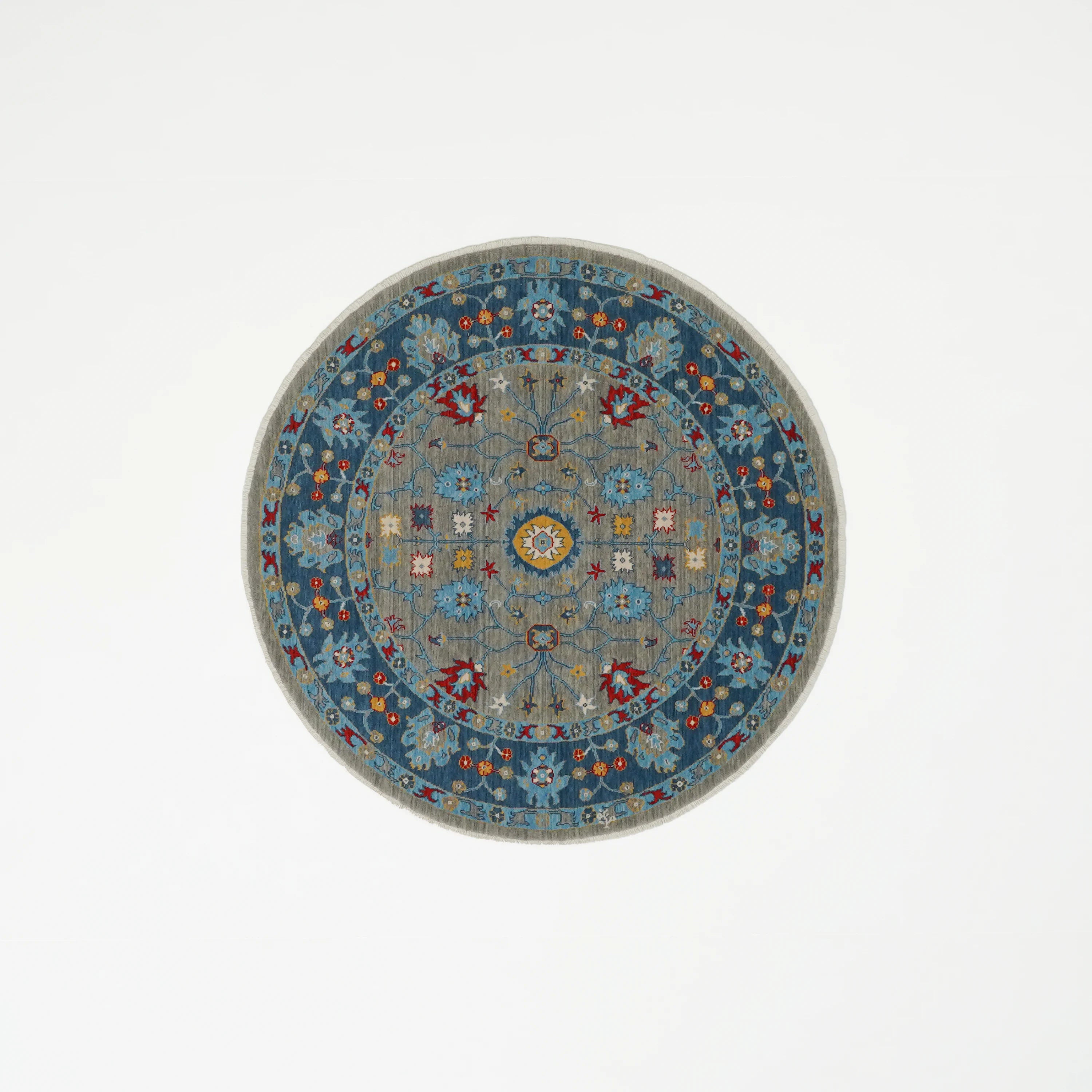 Tempus Serisi Uşak Desenli Mavi-Gri Yün Tezgah Dokuma Yuvarlak Halı