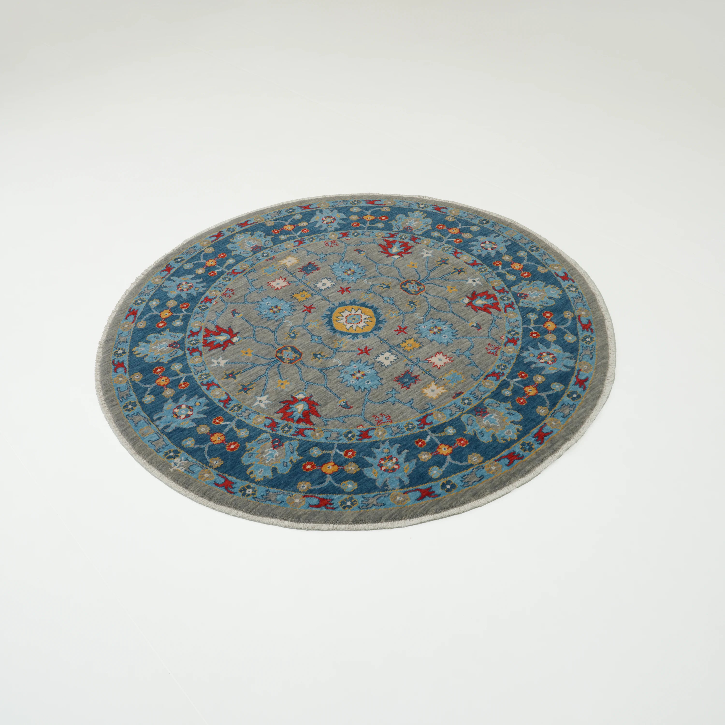 Tempus Serisi Uşak Desenli Mavi-Gri Yün Tezgah Dokuma Yuvarlak Halı