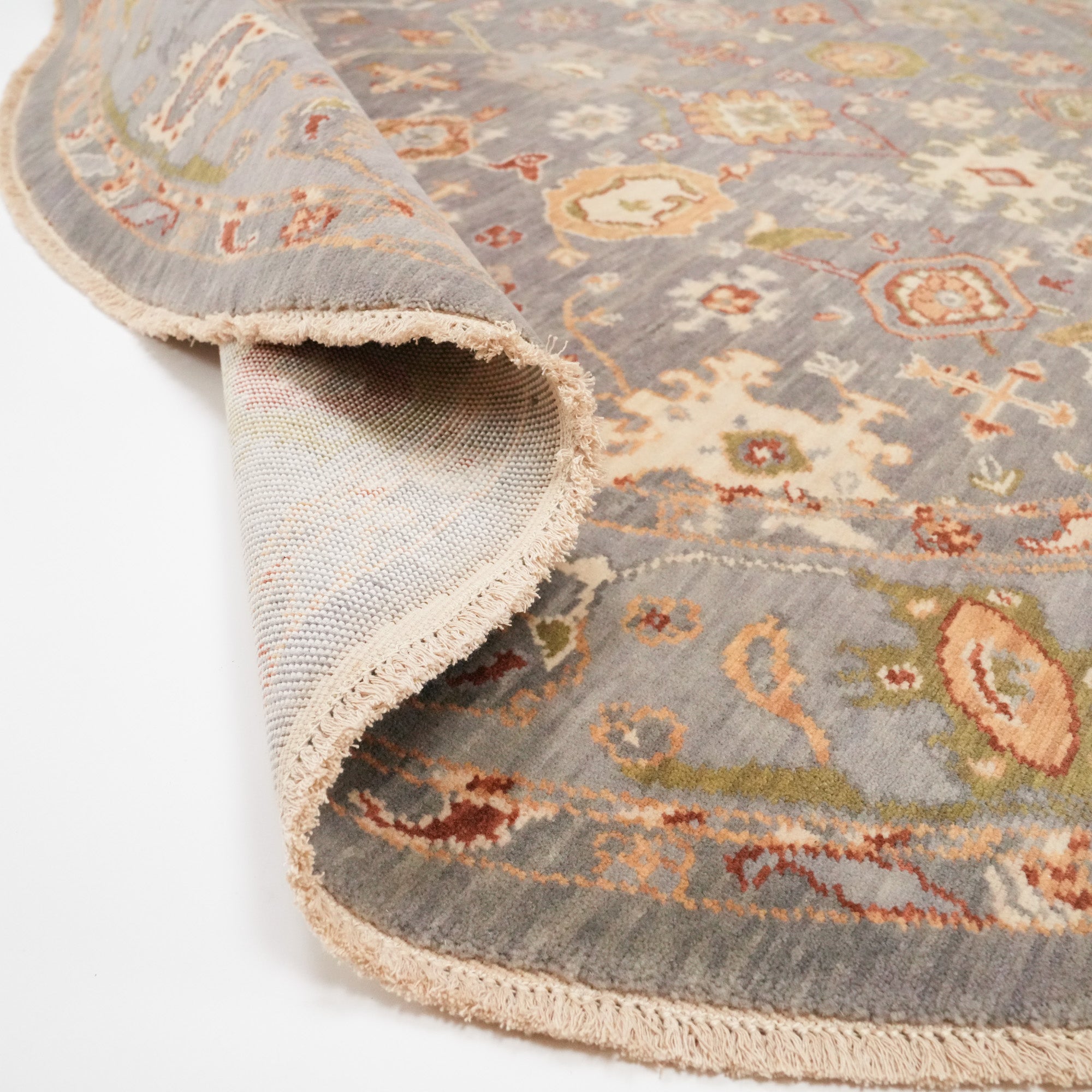 Tempus Series Uşak Pattern Wool Gray Beige Round Loom-Woven Rug