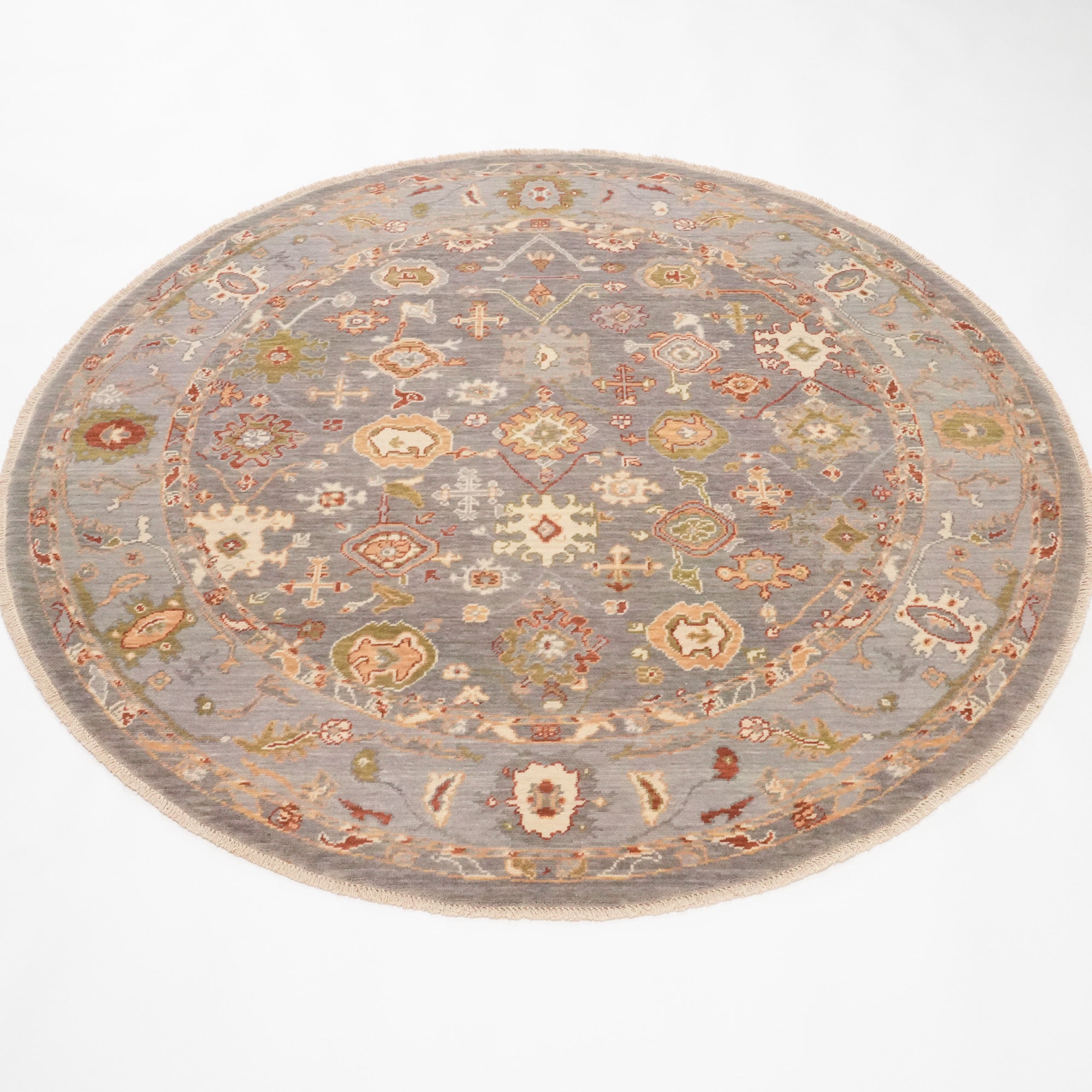 Tempus Series Uşak Pattern Wool Gray Beige Round Loom-Woven Rug