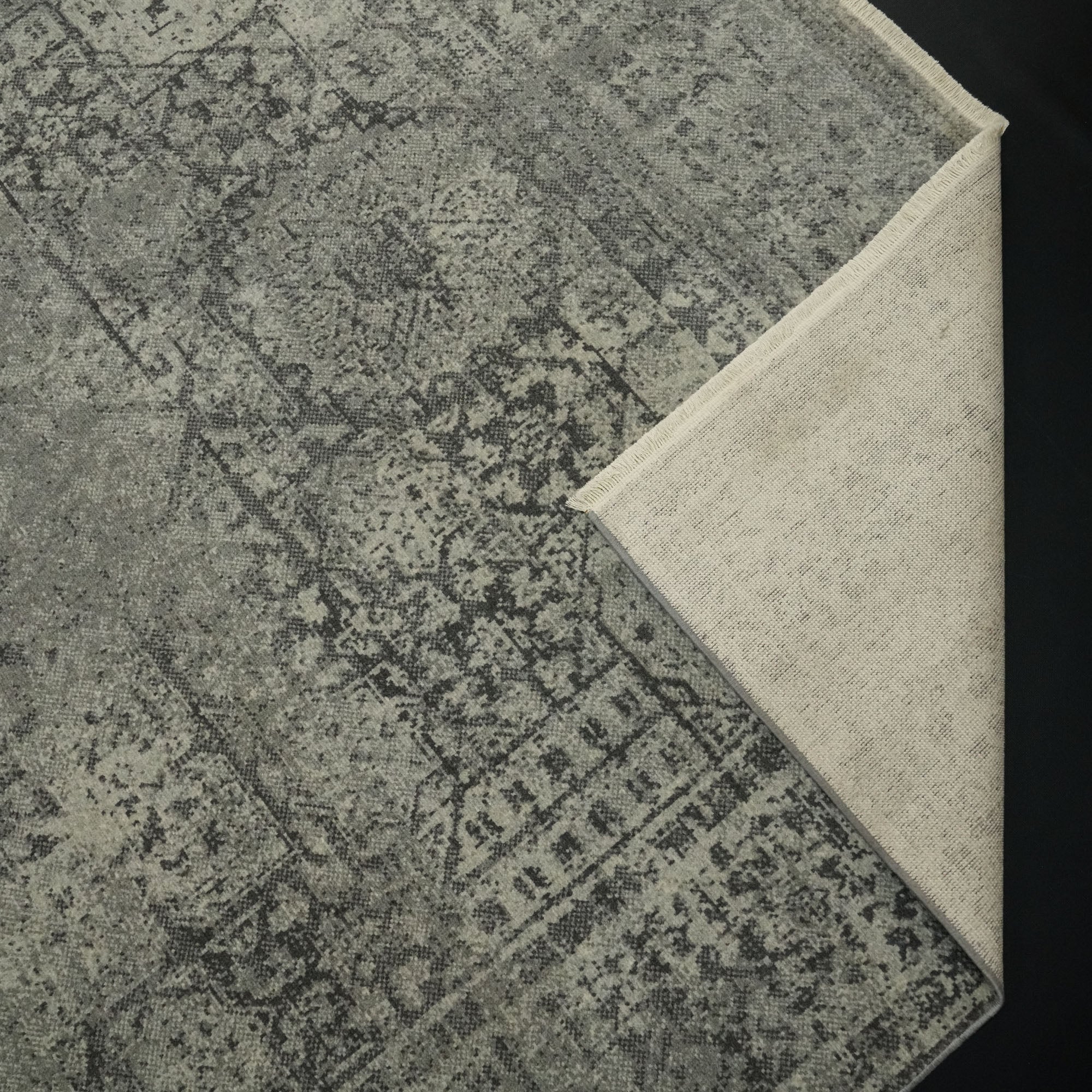 Tempus Series Vintage Patterned Gray Natural Wool Loom Woven Rug