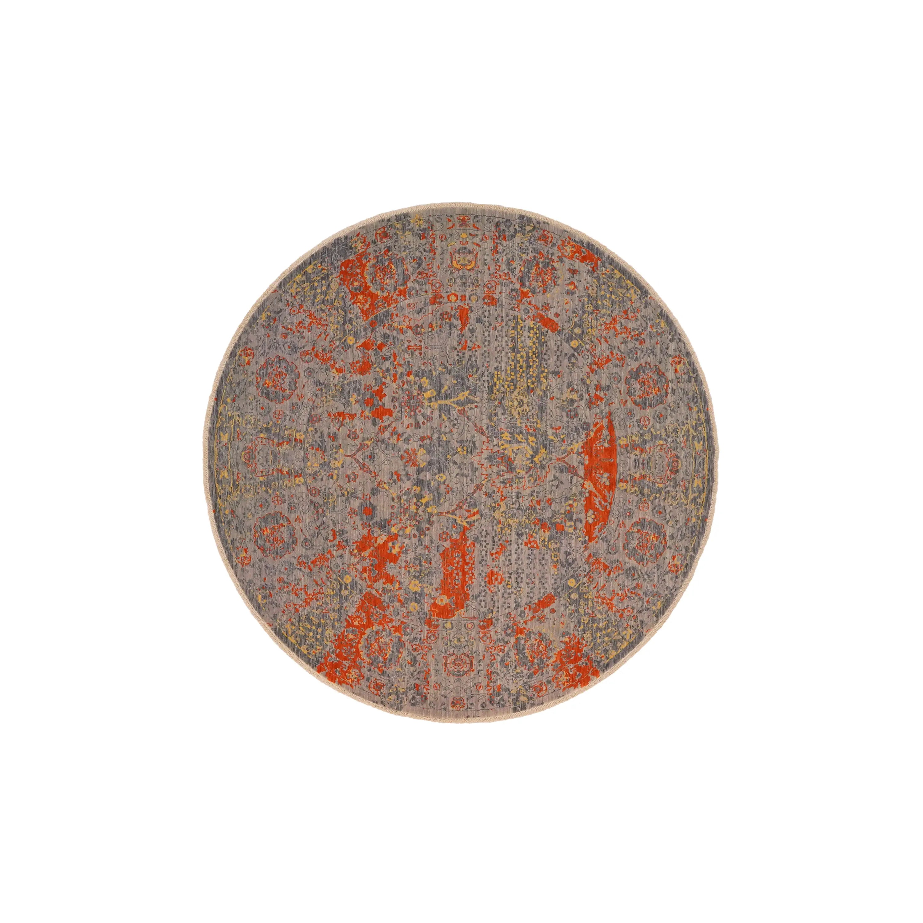 Tempus Series Vintage Patterned Wool Gray/Orange Round Special Loom Carpet