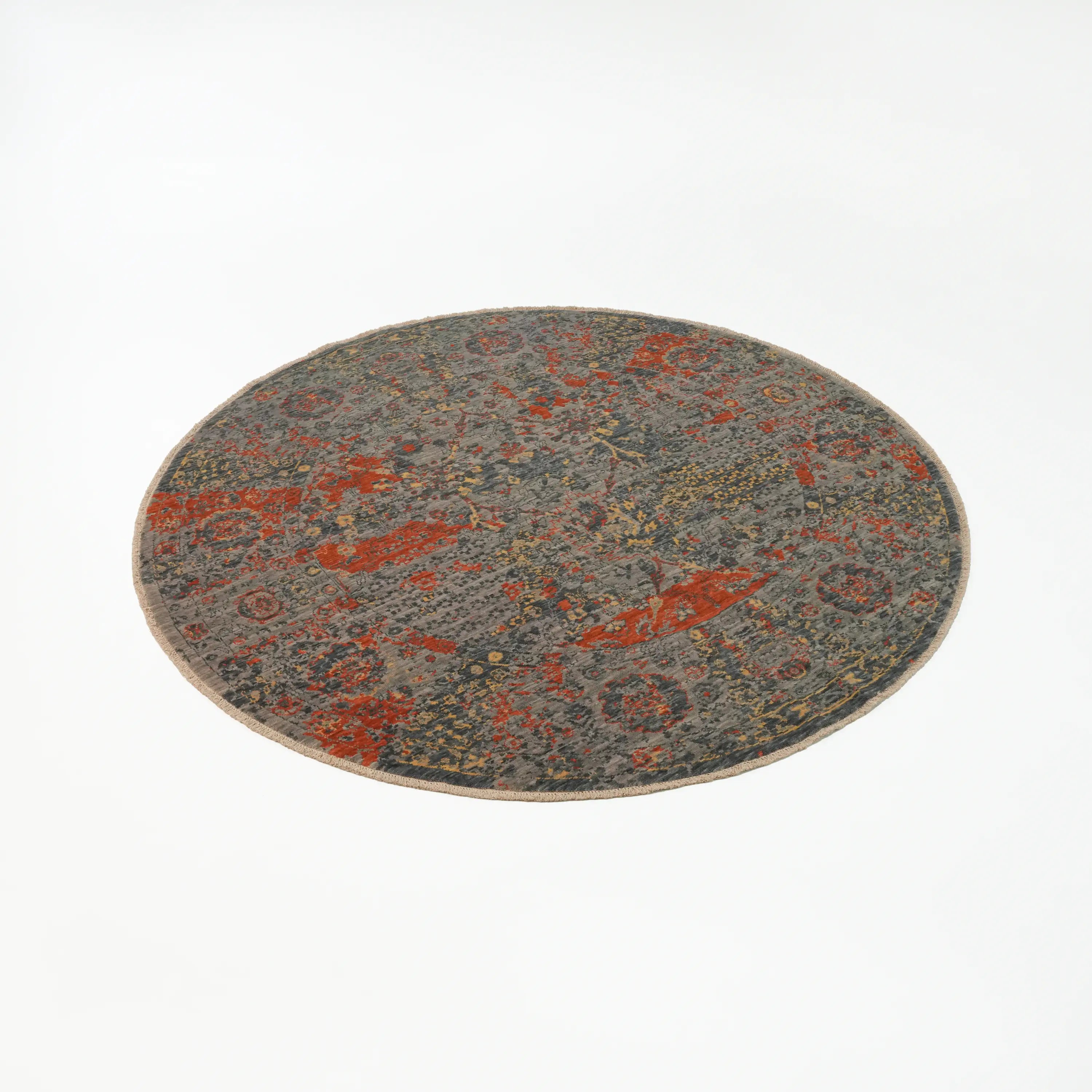 Tempus Series Vintage Patterned Wool Gray/Orange Round Special Loom Carpet