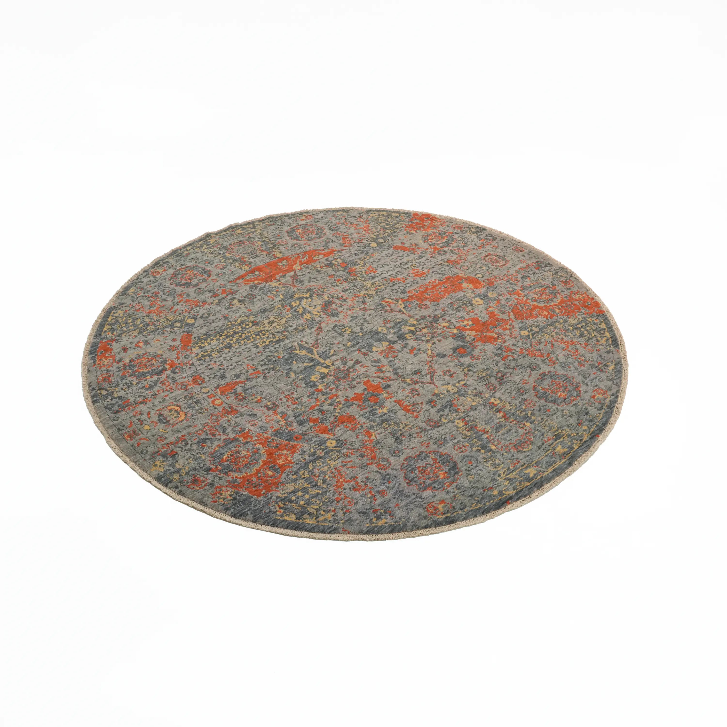 Tempus Serisi Vintage Desenli Yün Gri/Turuncu Yuvarlak Tezgah Dokuma Halı