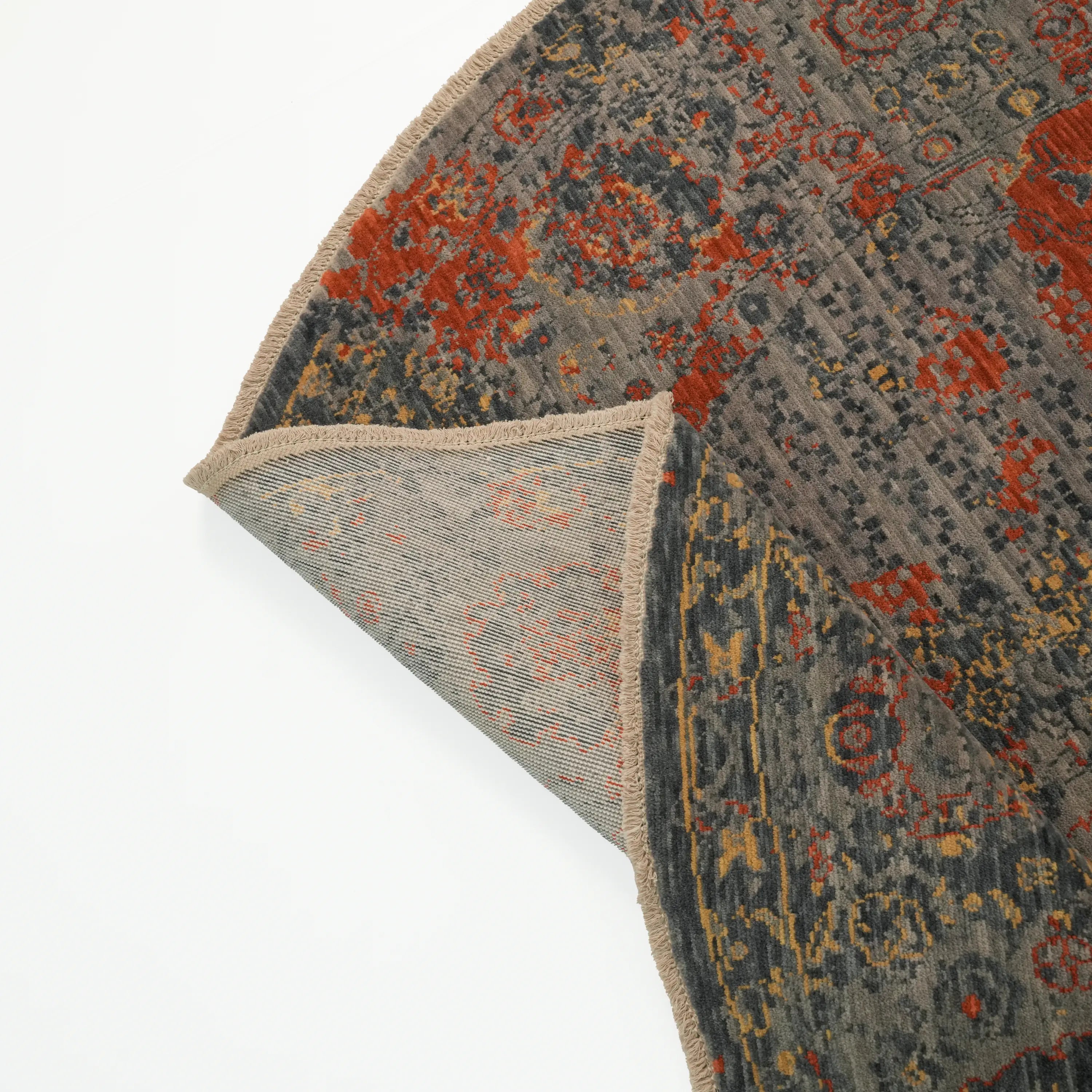 Tempus Series Vintage Patterned Wool Gray/Orange Round Special Loom Carpet