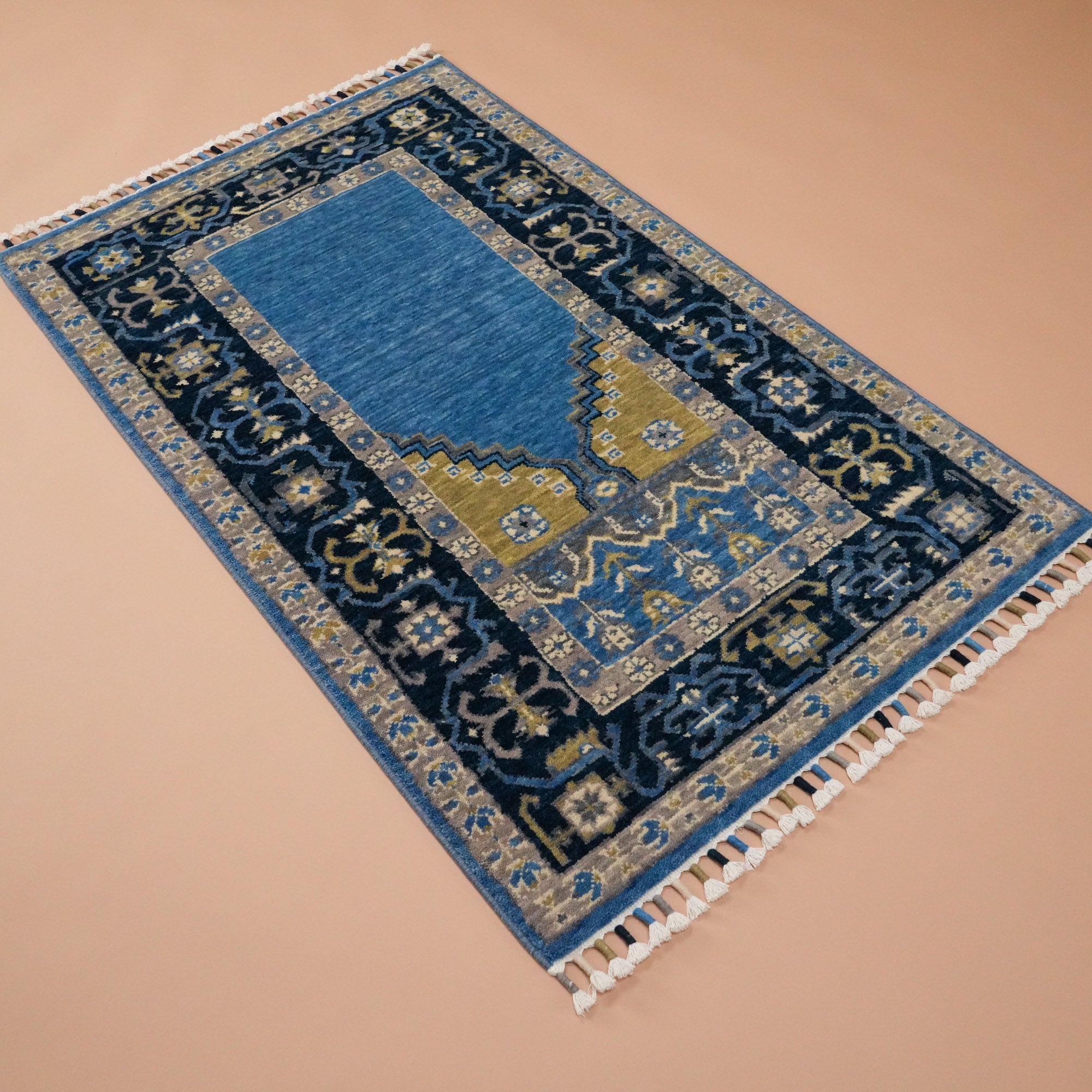 Tezgah Woven Wool Blue Prayer Rug Rug