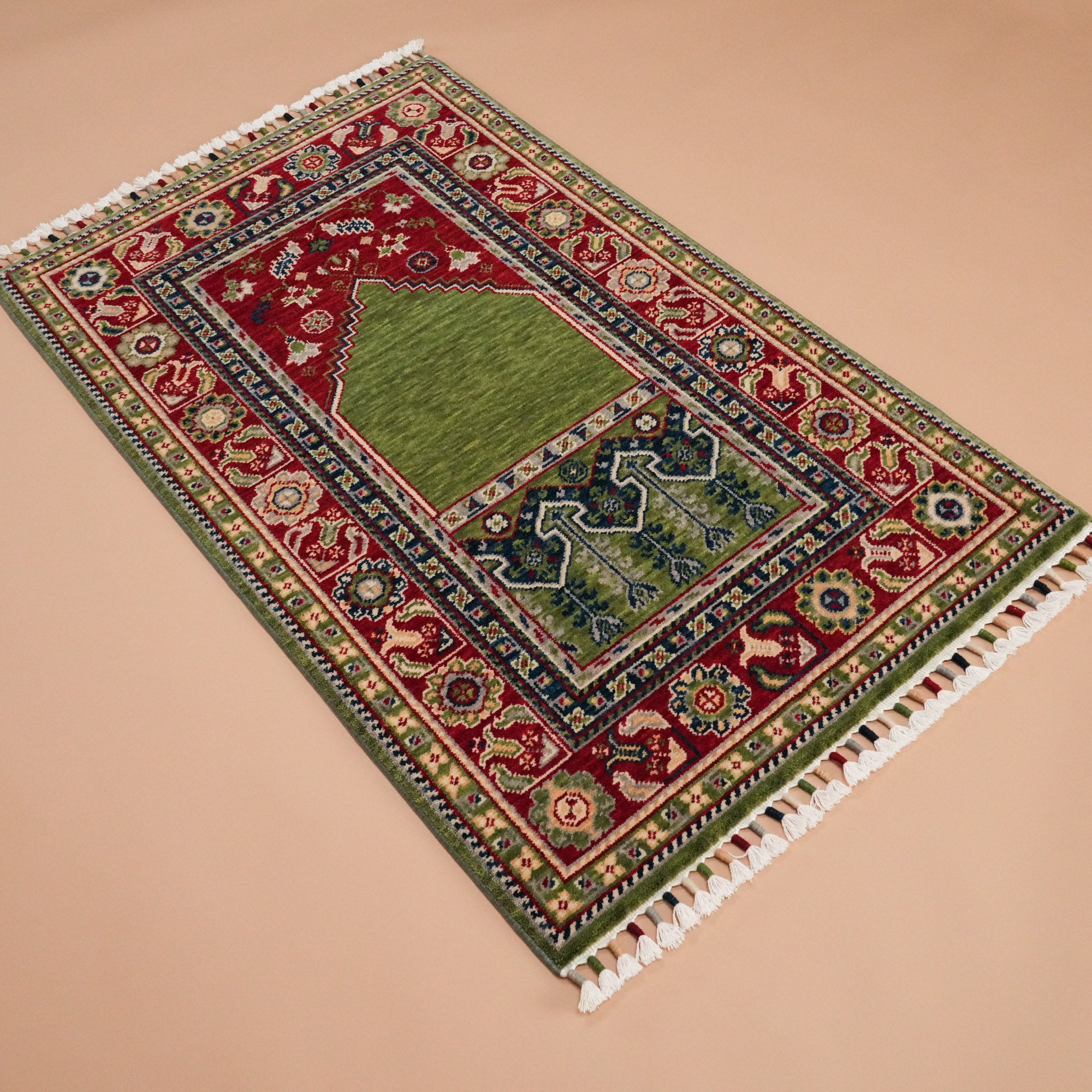 Tezgah Woven Wool Green Prayer Rug Rug