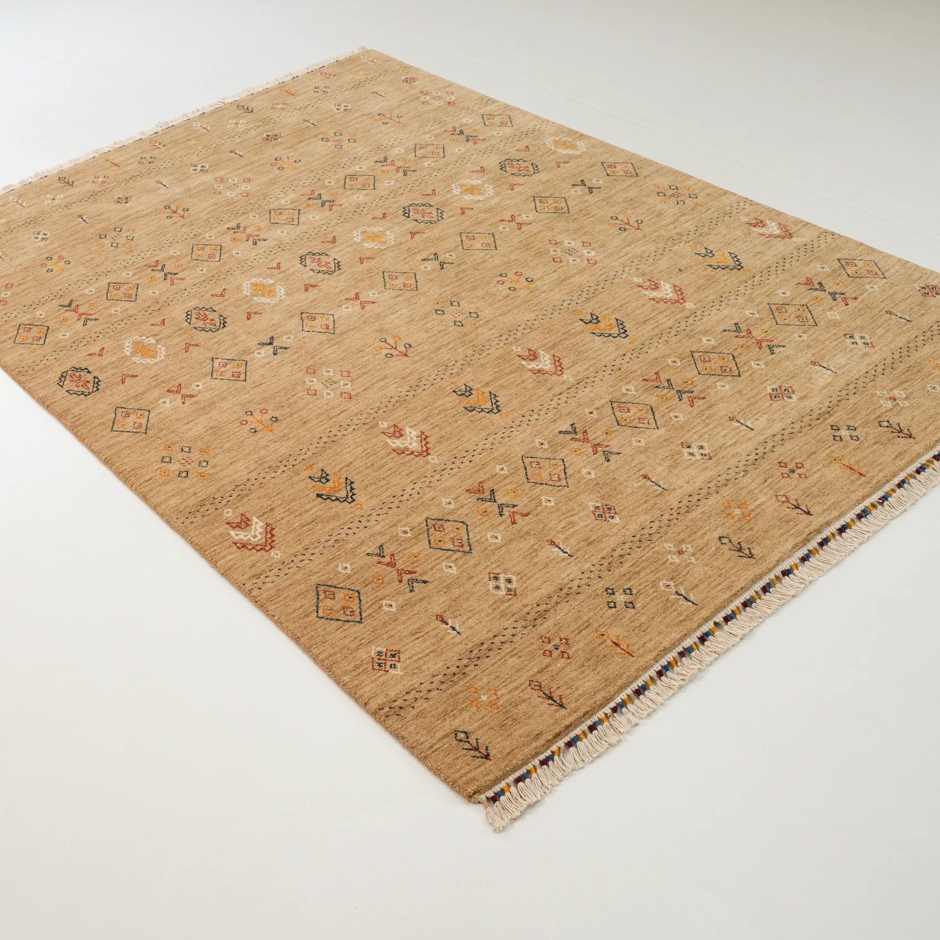 Urkum Series Authentic Patterned Beige Wool Loom Woven Rug
