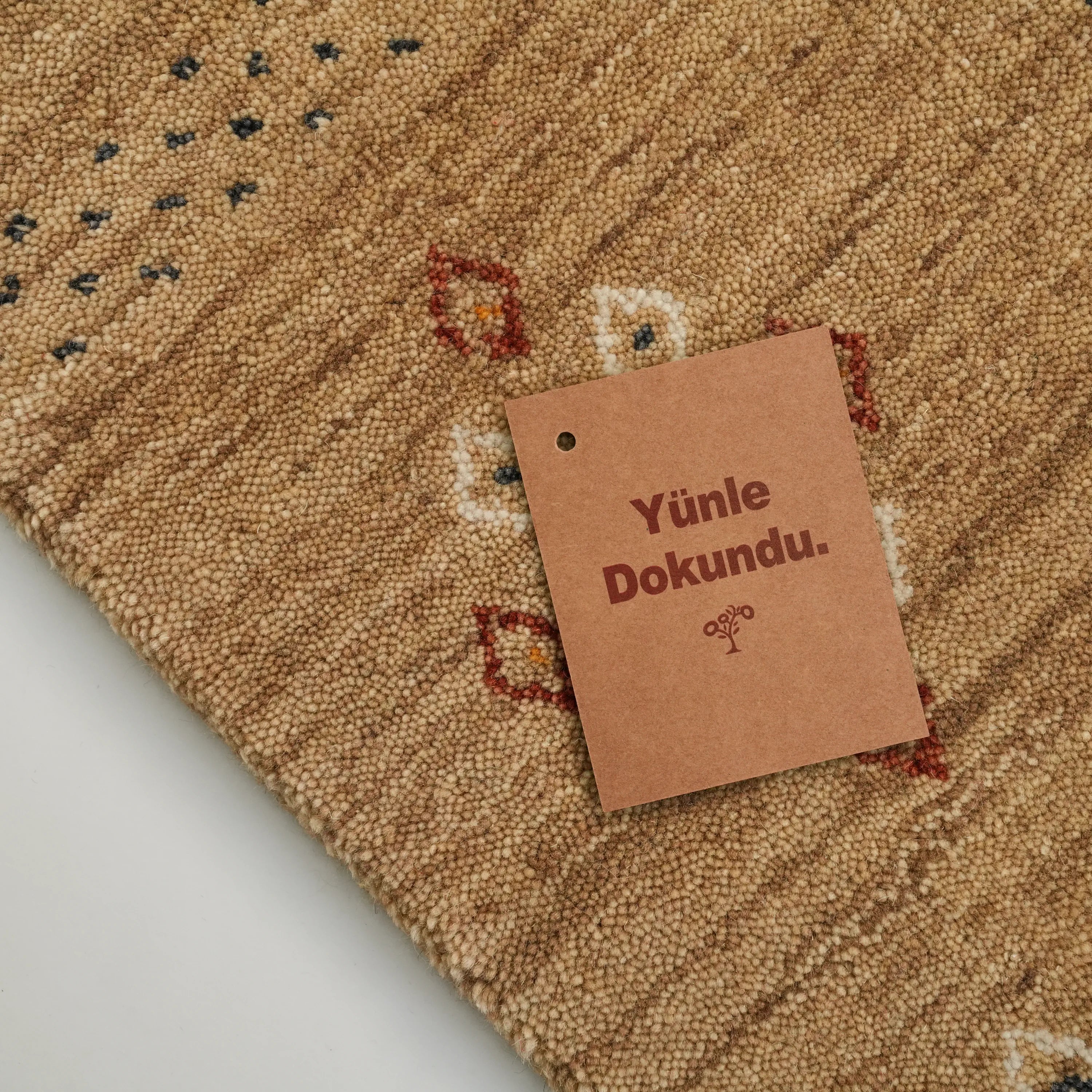 Urkum Series Authentic Patterned Beige Wool Loom Woven Rug