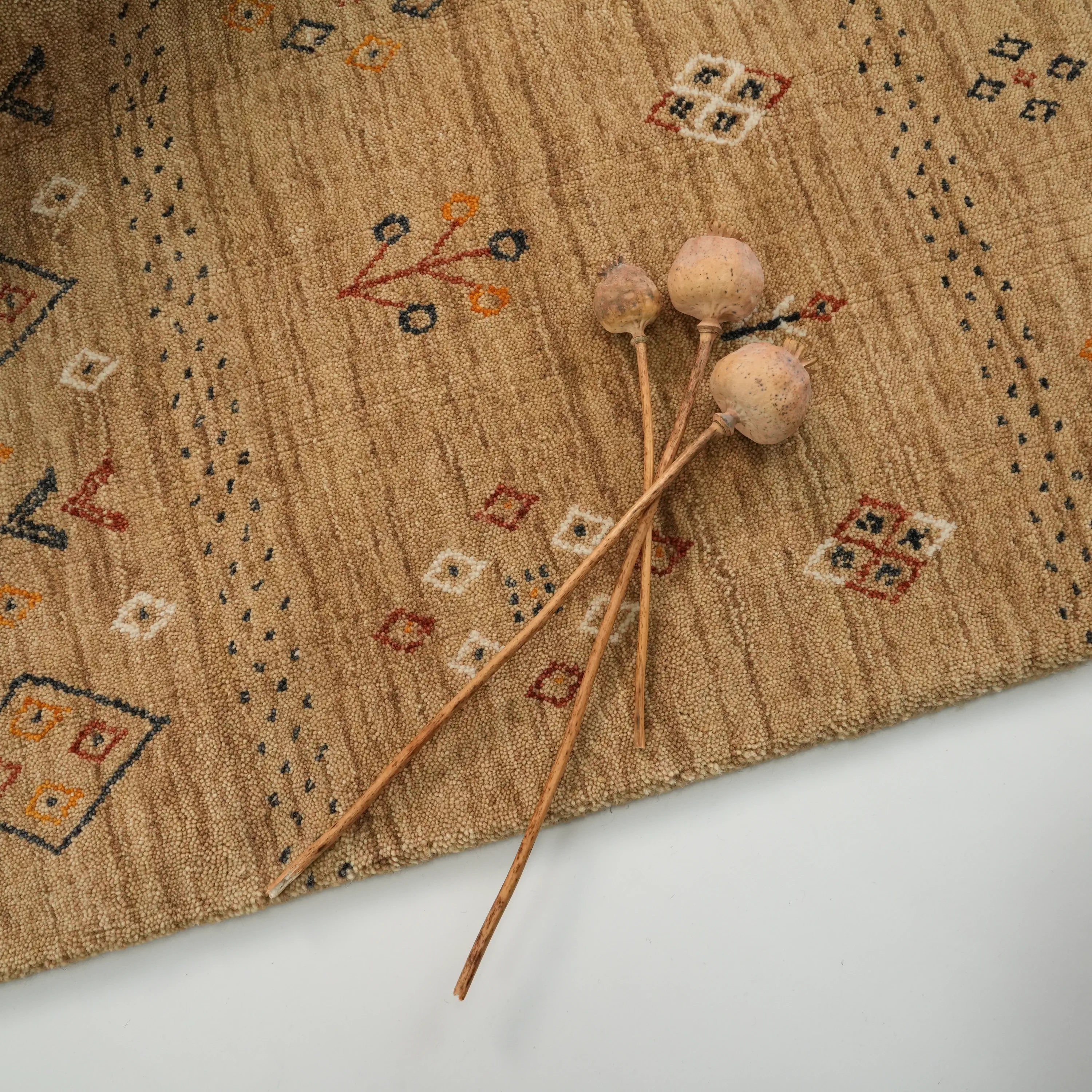 Urkum Series Authentic Patterned Beige Wool Loom Woven Rug