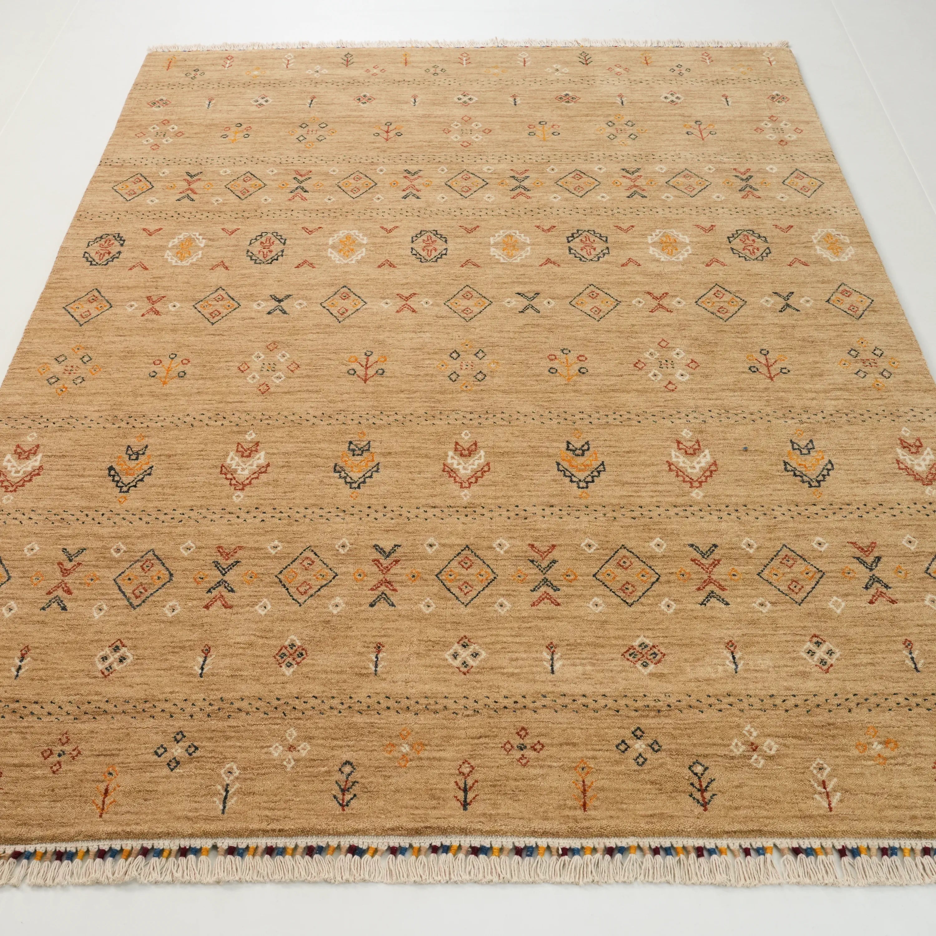 Urkum Series Authentic Patterned Beige Wool Loom Woven Rug