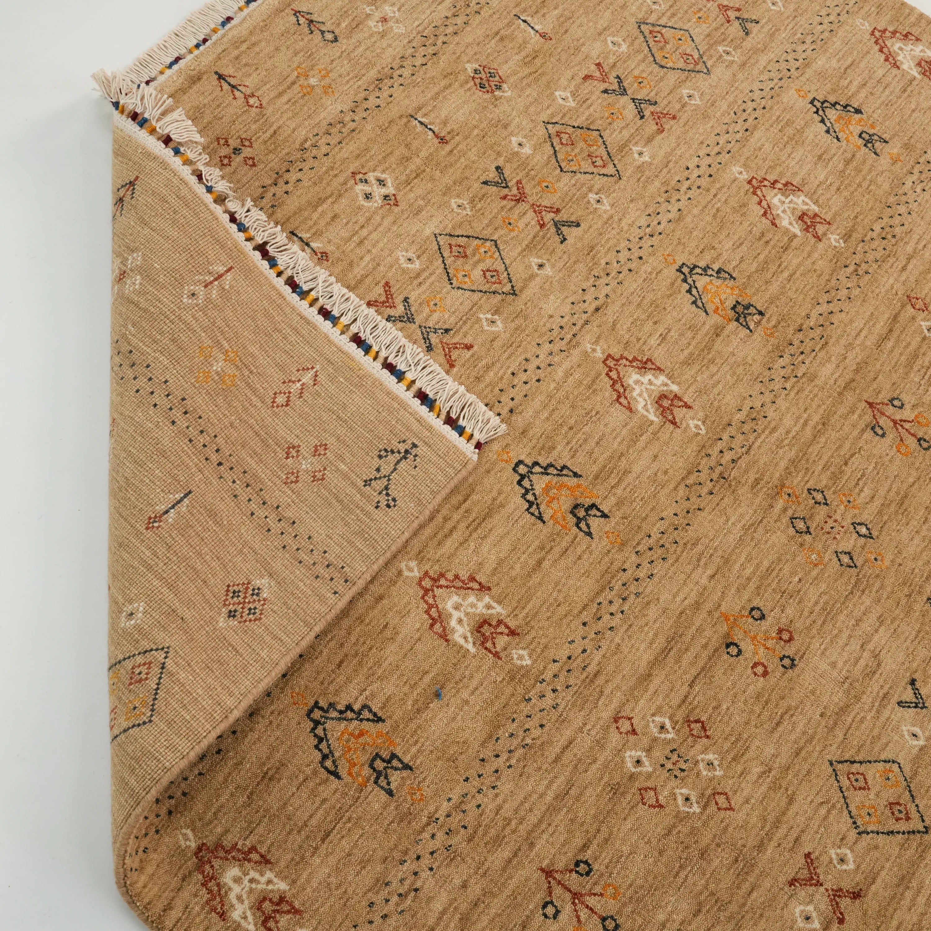 Urkum Series Authentic Patterned Beige Wool Loom Woven Rug