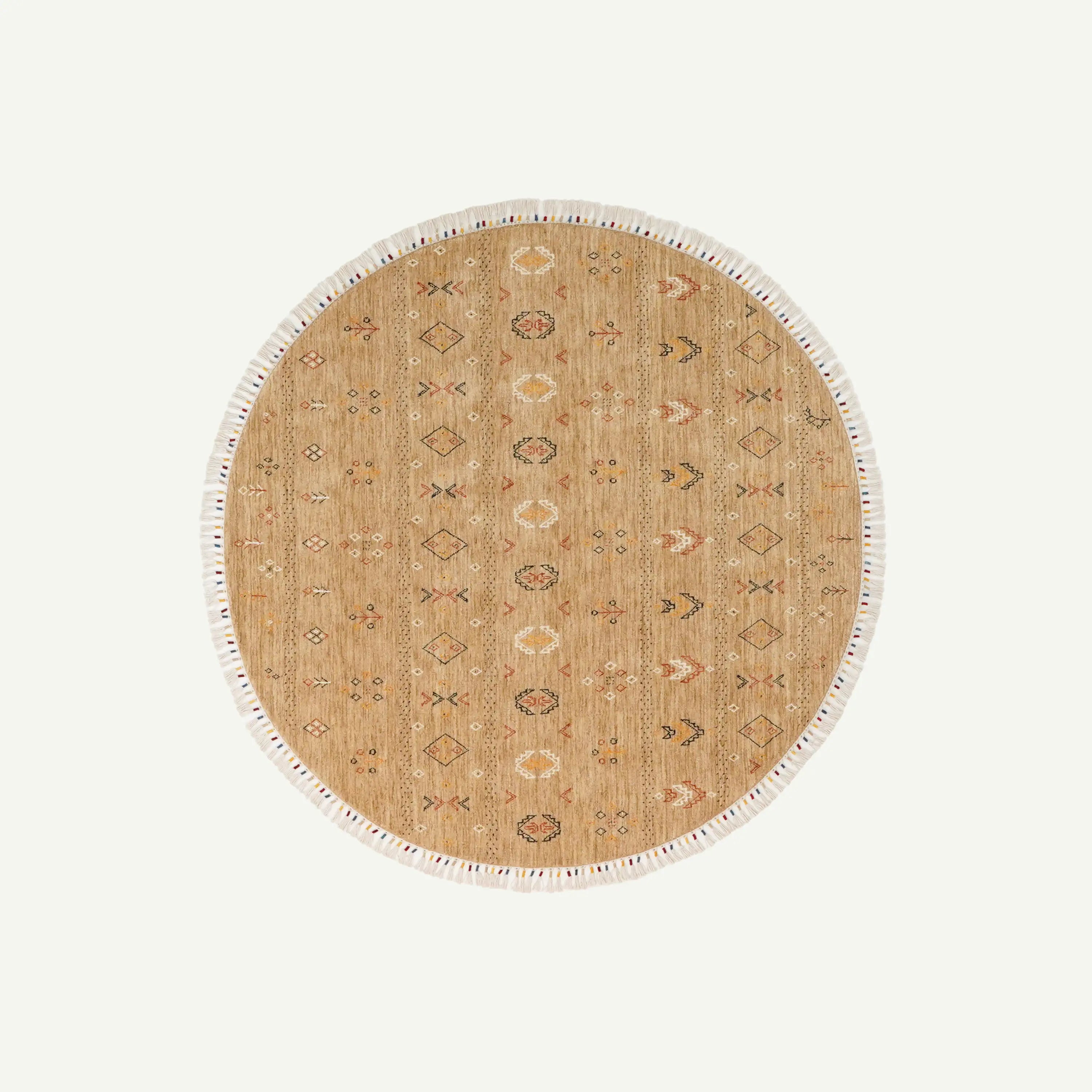 Urkum Serisi Otantik Desenli Bej Yün Tezgah Dokuma Yuvarlak Halı