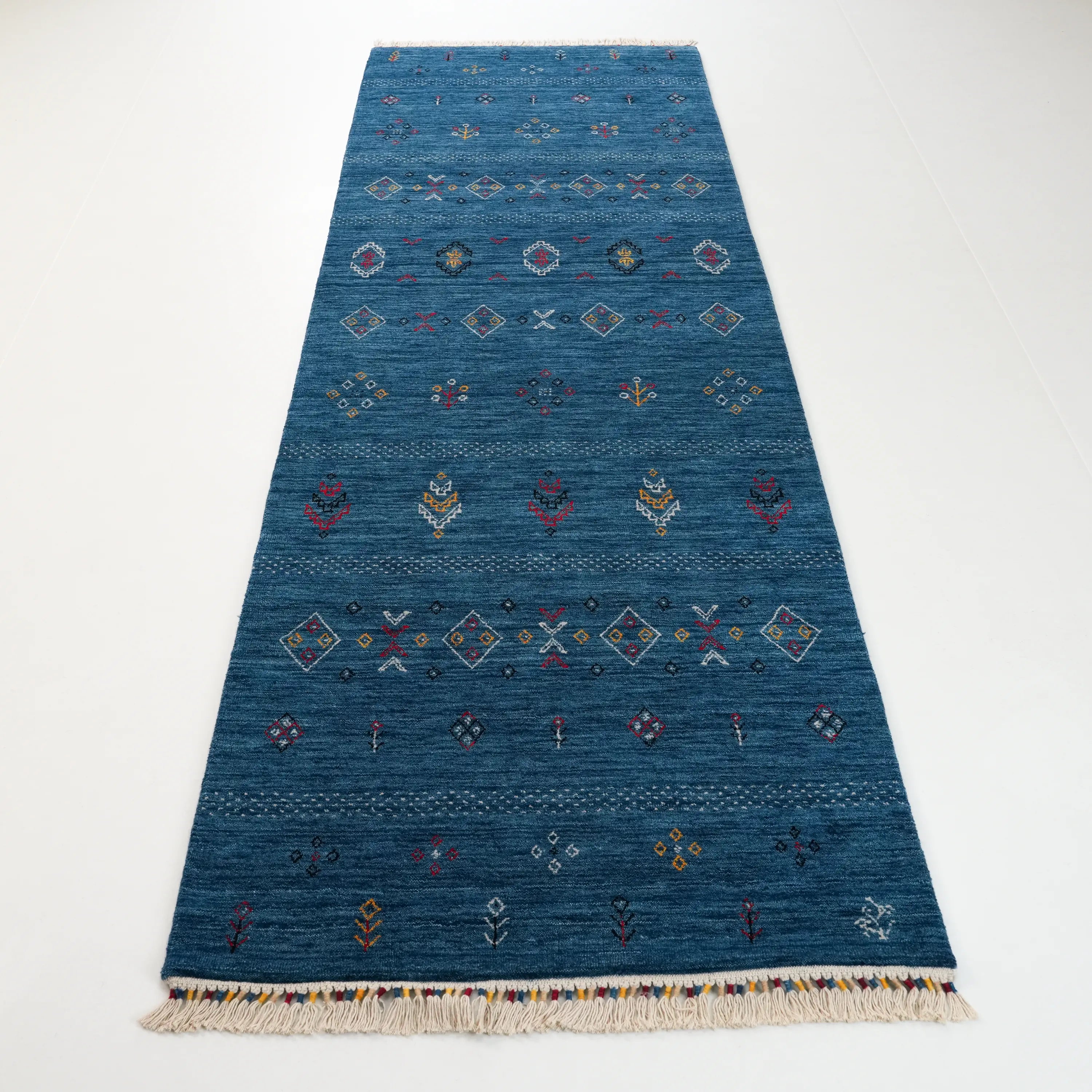 Urkum Series Authentic Patterned Blue Wool Loom Woven Rug