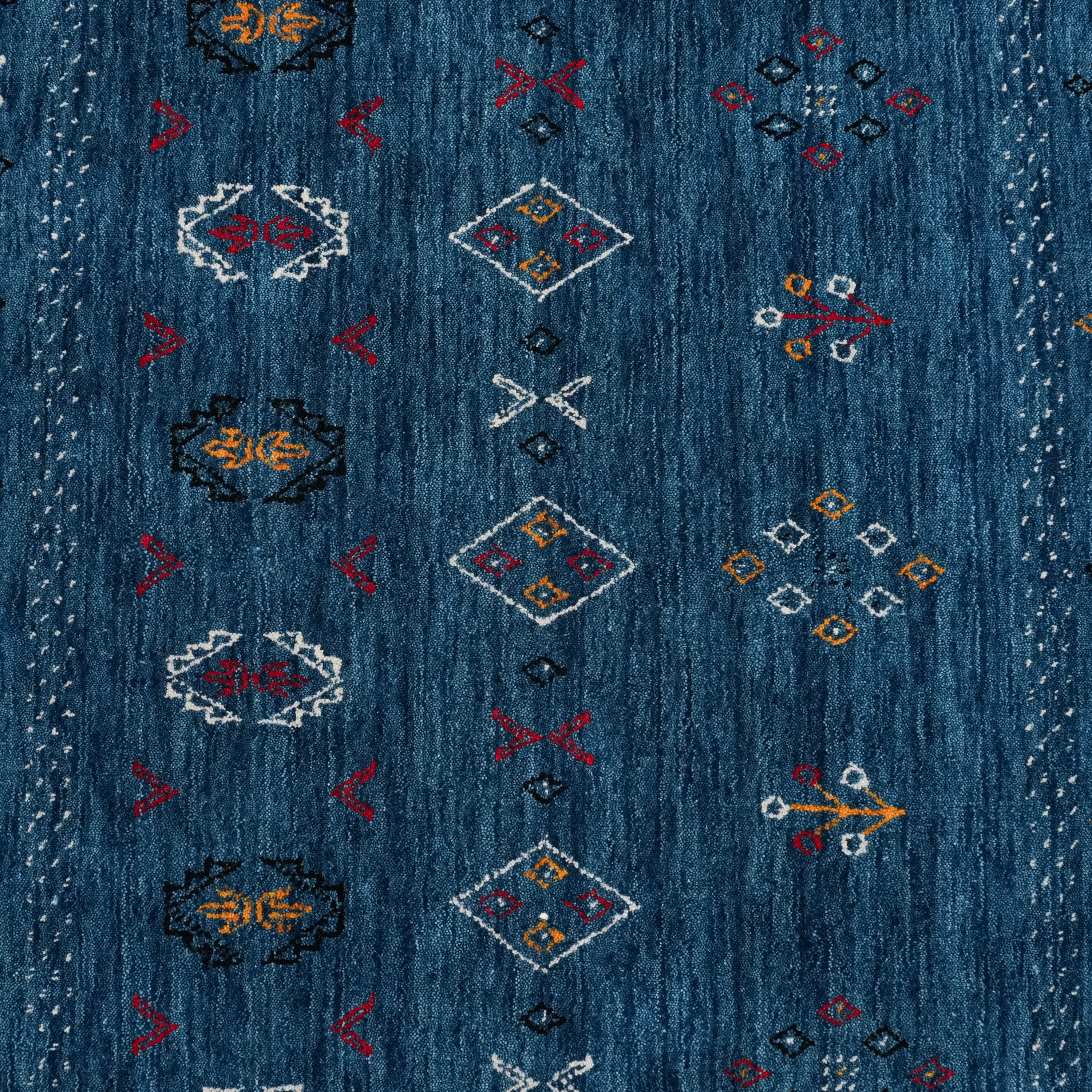 Urkum Series Authentic Patterned Blue Wool Loom Woven Rug