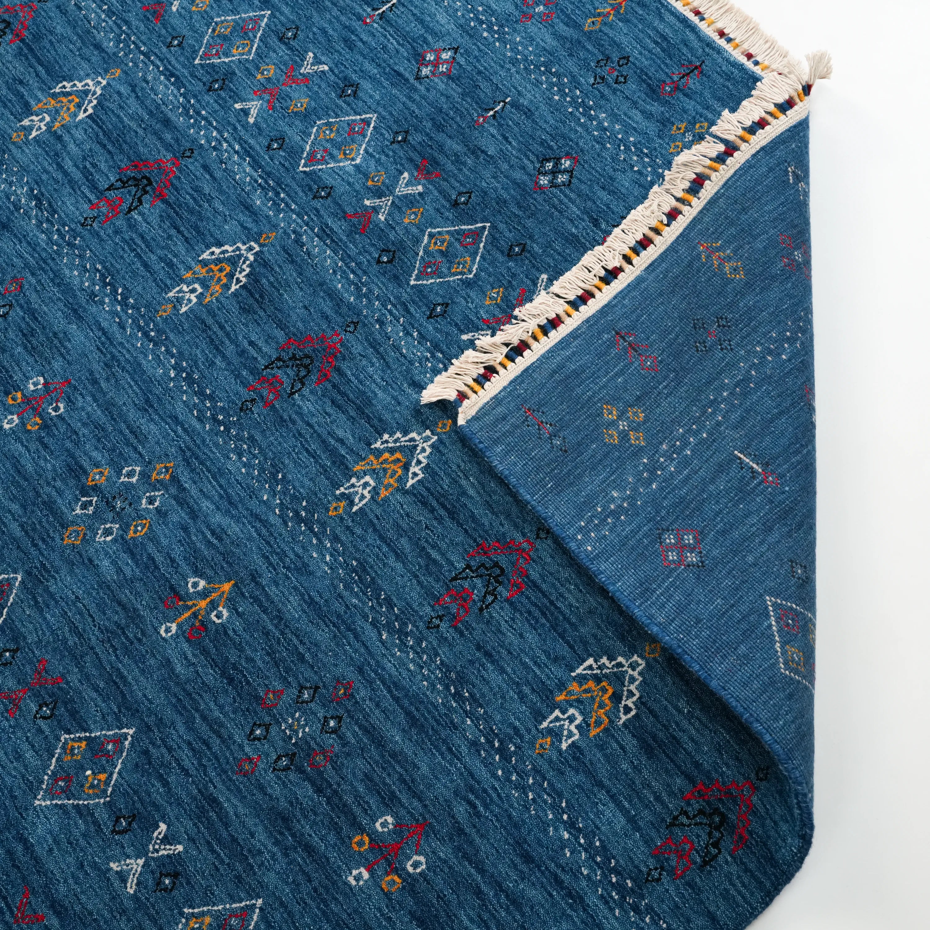 Urkum Series Authentic Patterned Blue Wool Loom Woven Rug