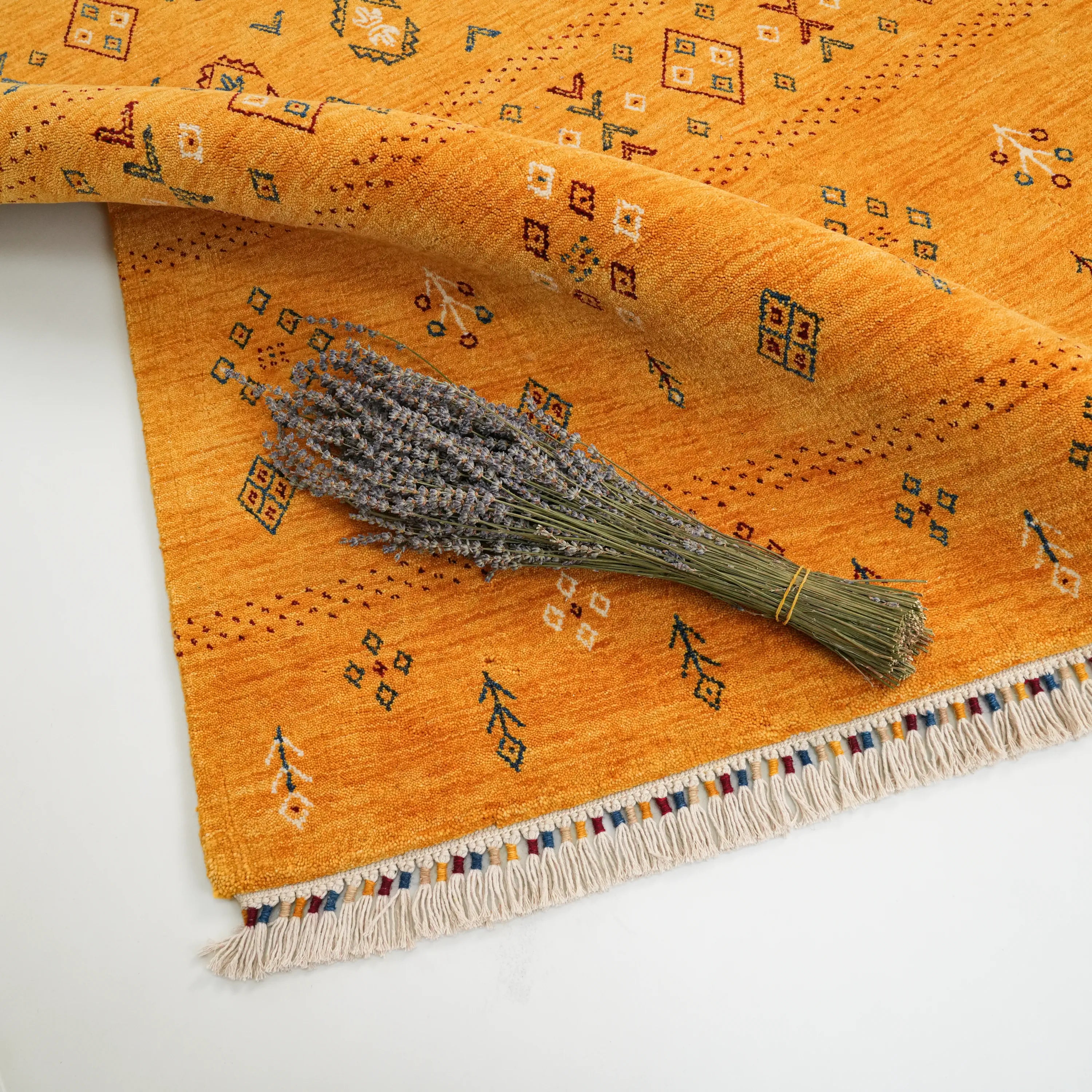 Urkum Series Authentic Patterned Yellow Wool Loom Woven Rug