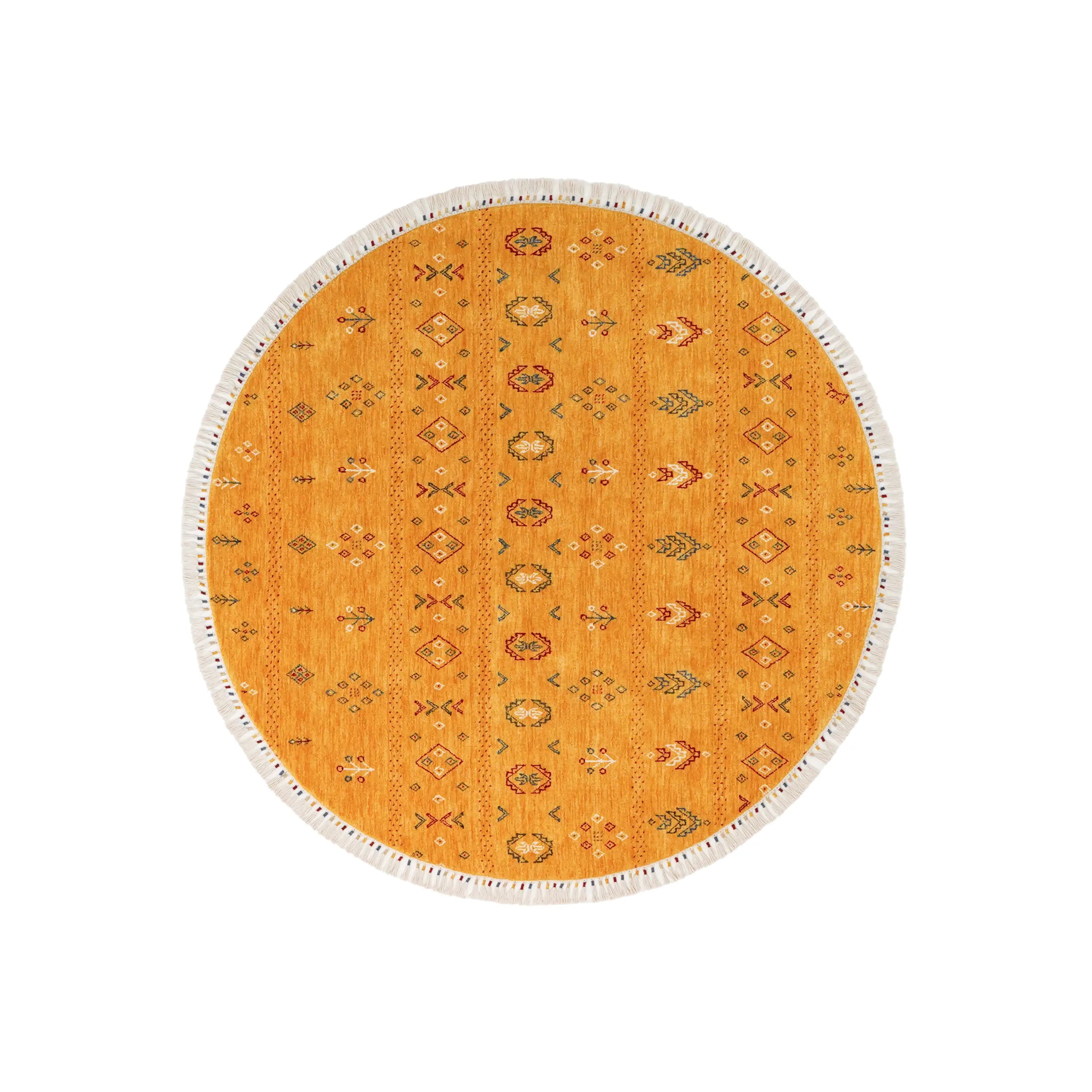 Urkum Serisi Otantik Desenli Sarı Yün Tezgah Dokuma Yuvarlak Halı