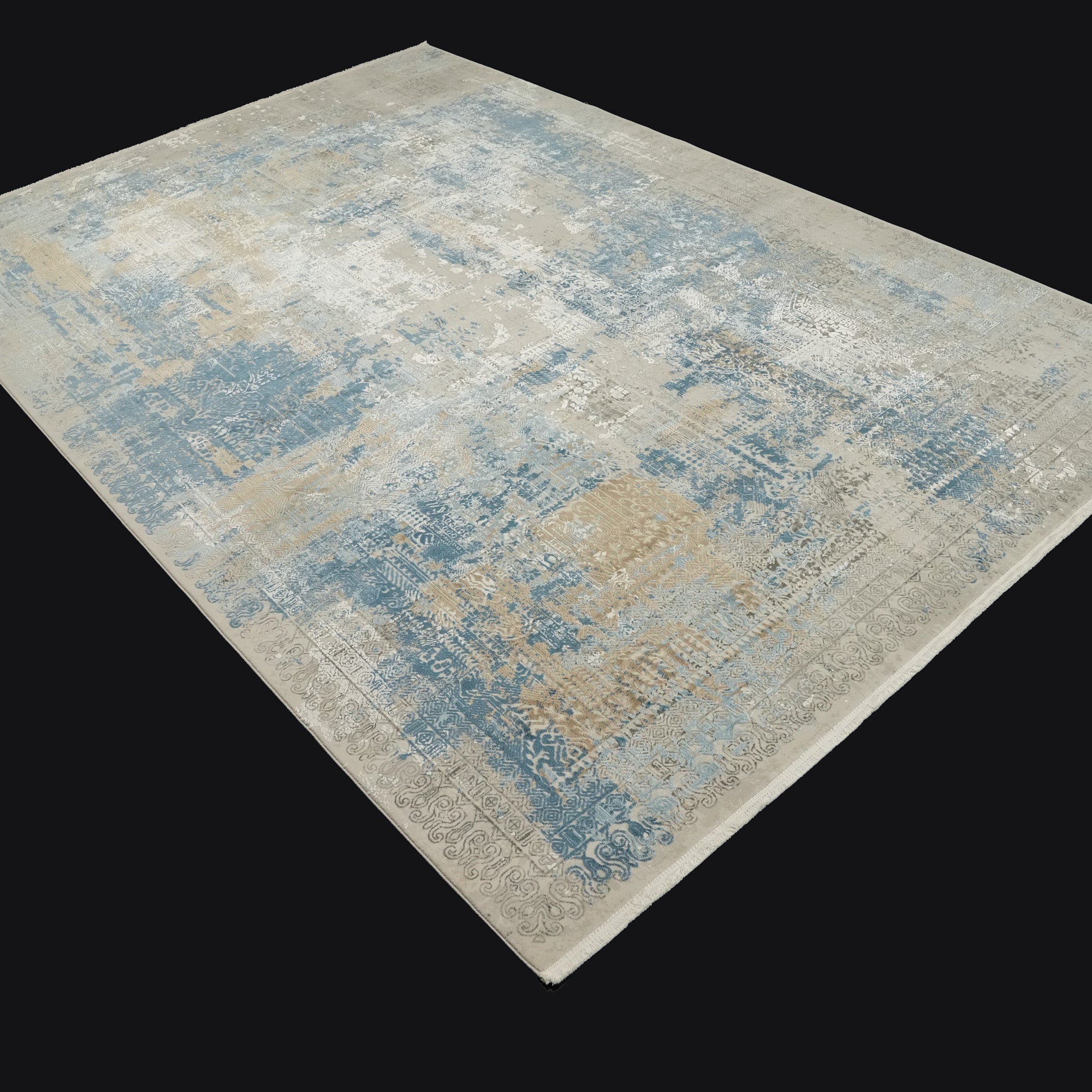 Vintage Desenli Gri/Mavi Viskon Halı