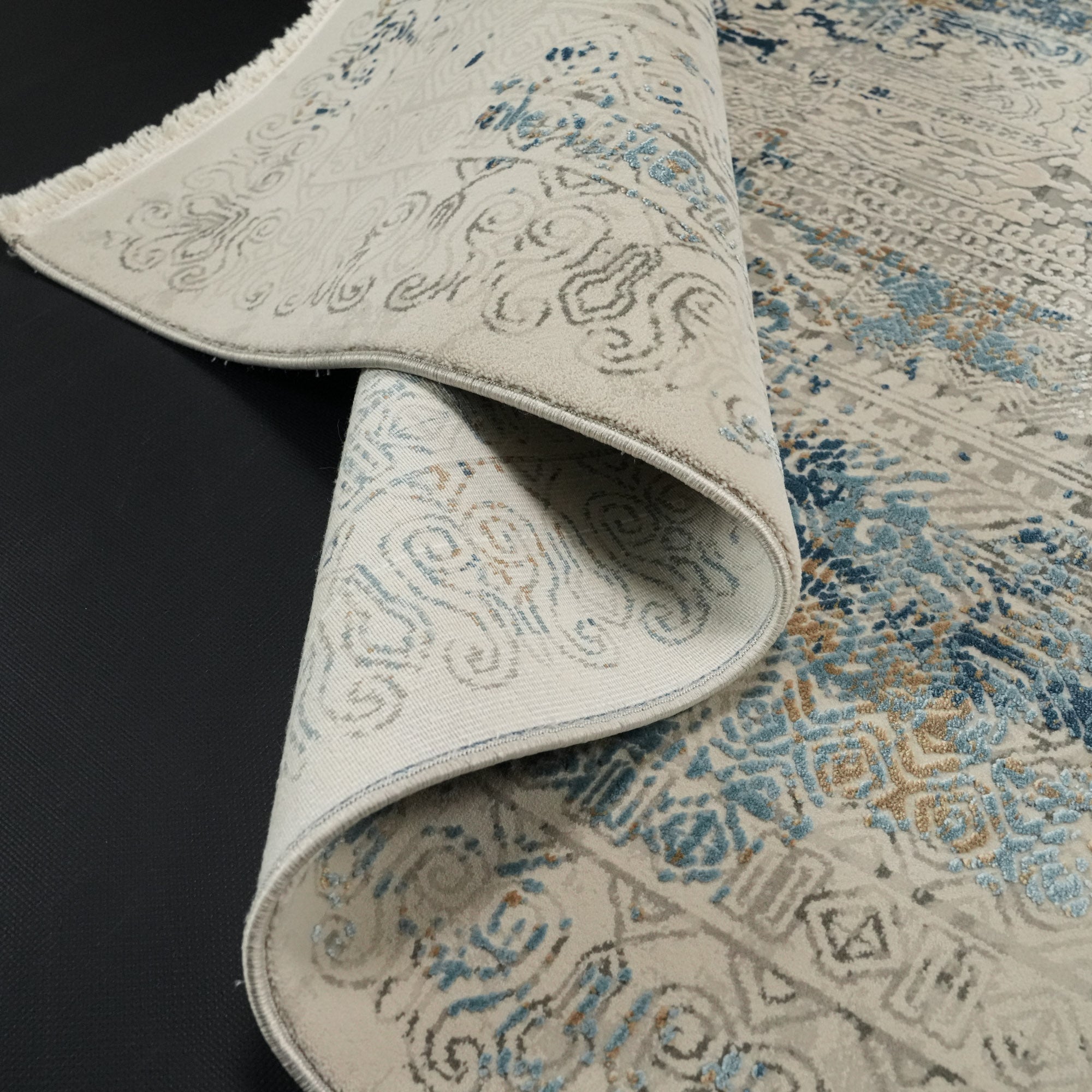 Vintage Desenli Gri/Mavi Viskon Halı