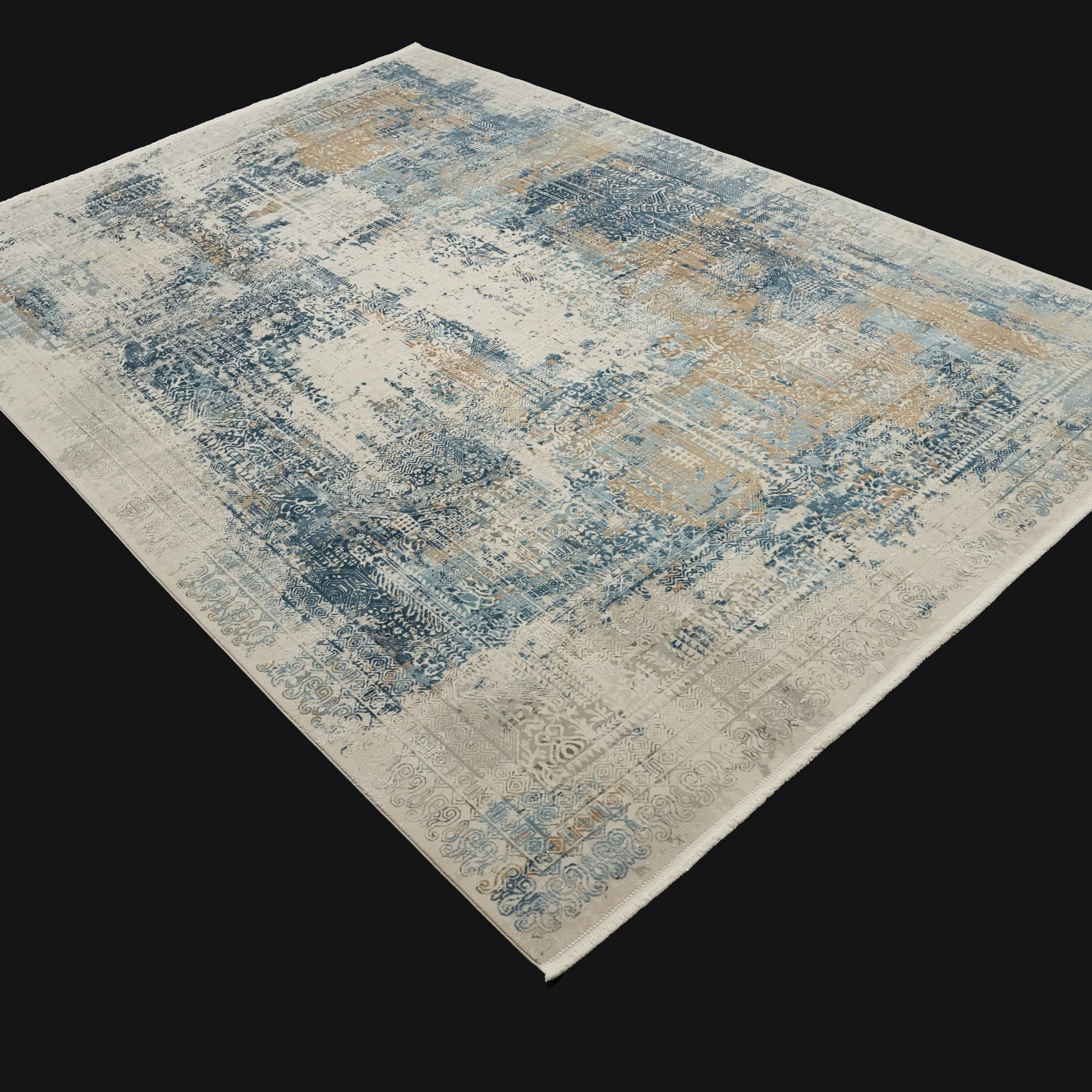 Vintage Desenli Gri/Mavi Viskon Halı