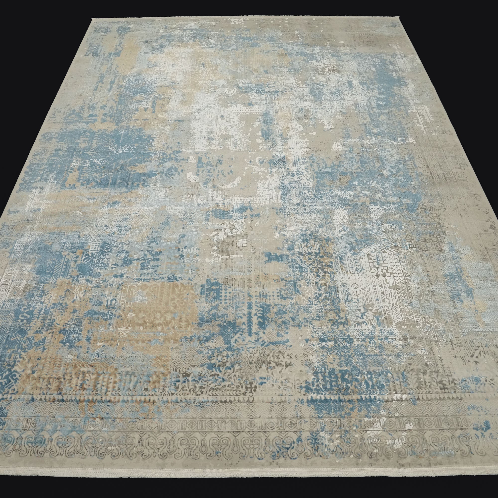 Vintage Desenli Gri/Mavi Viskon Halı