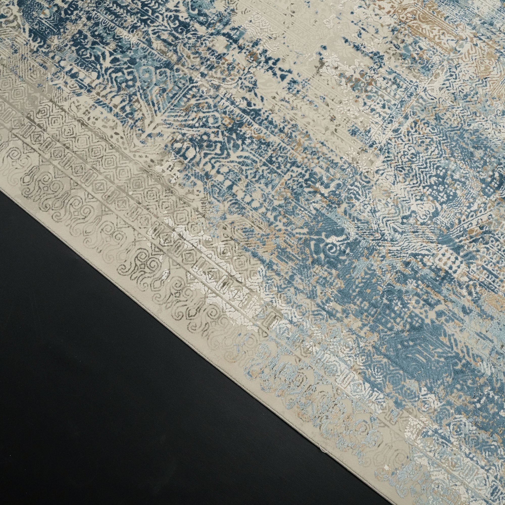 Vintage Desenli Gri/Mavi Viskon Halı