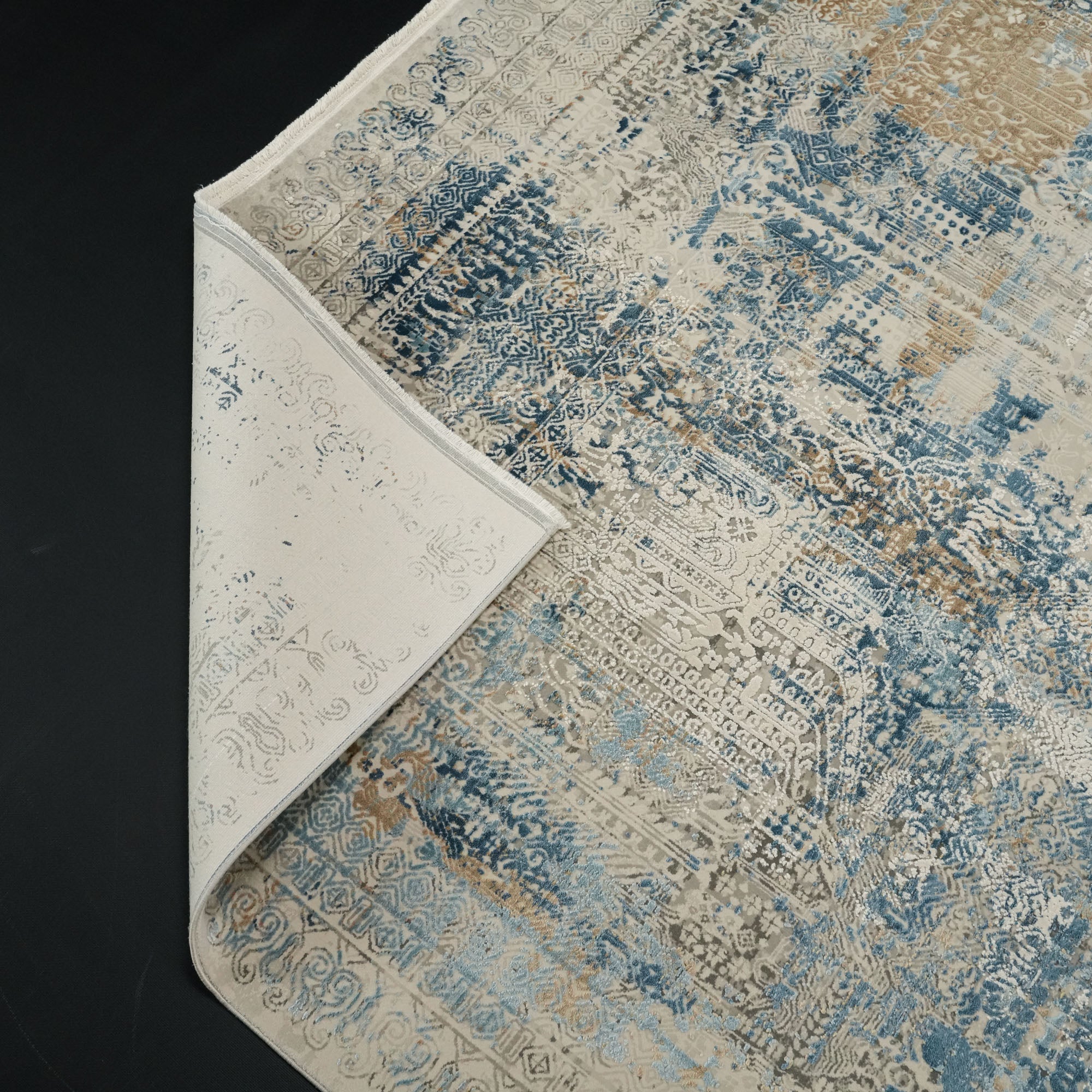 Vintage Desenli Gri/Mavi Viskon Halı