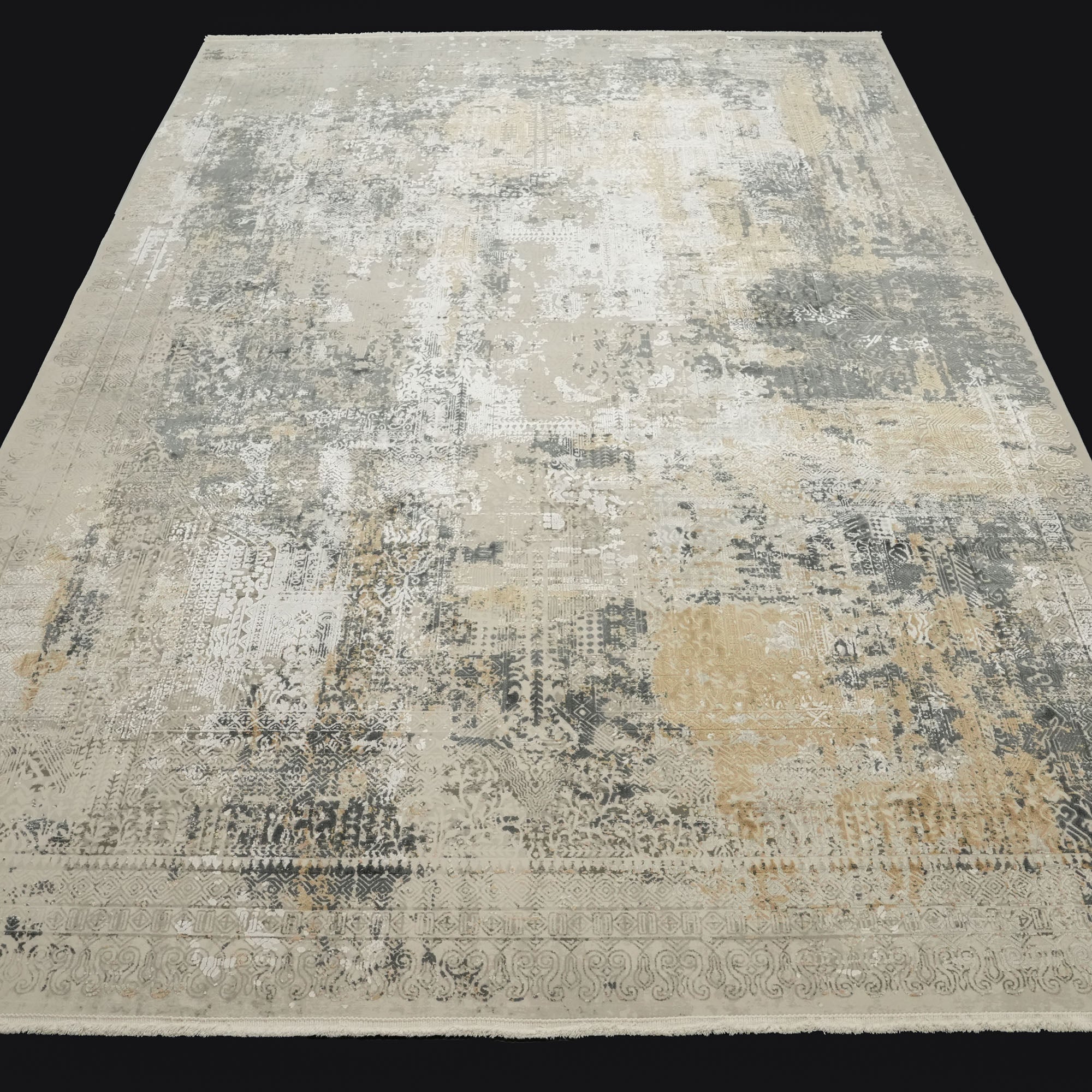 Vintage Desenli Viskon Gri Halı