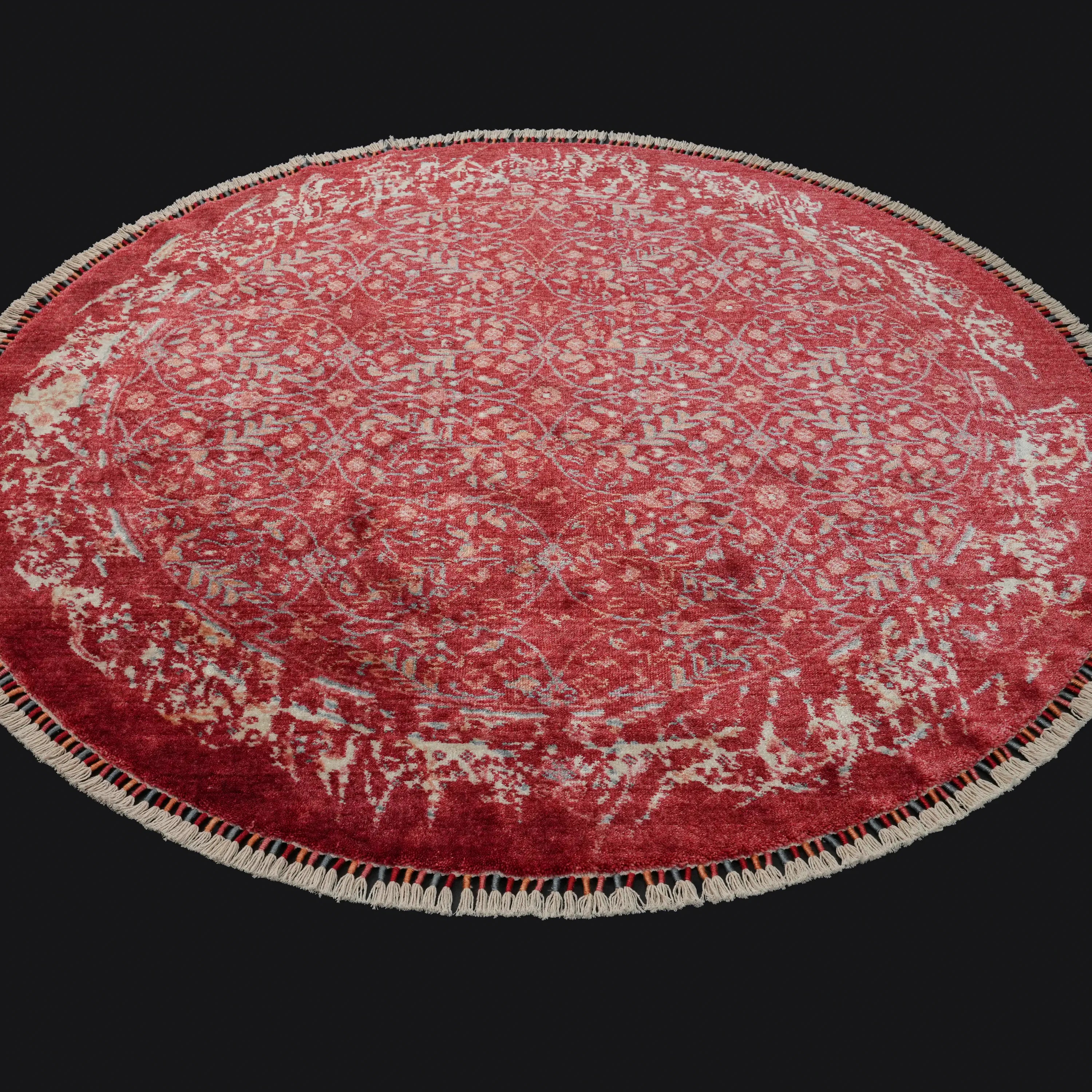 Zade Serisi Çiçek Desenli Kırmızı Tezgah Dokuma Doğal Yuvarlak Halı