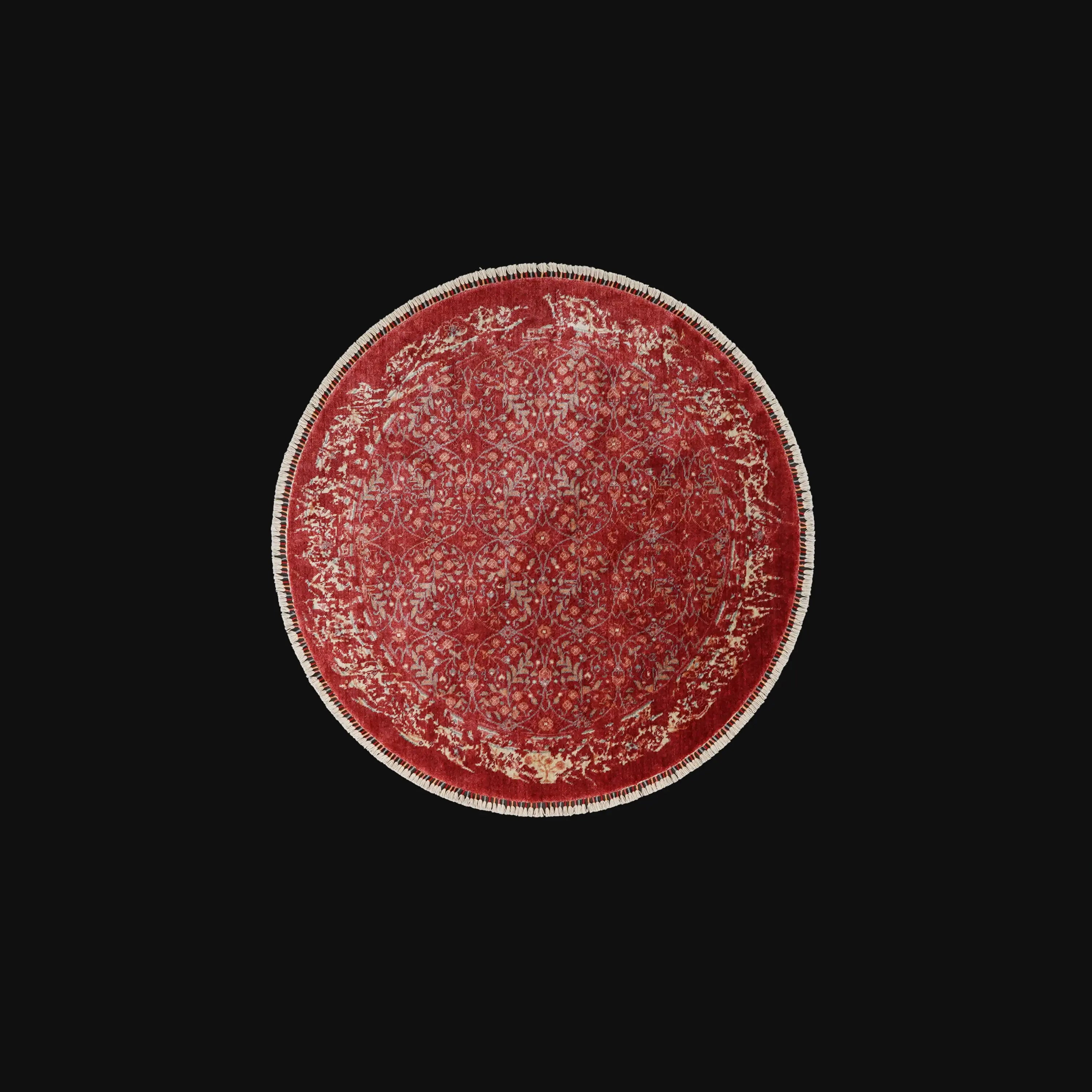 Zade Serisi Çiçek Desenli Kırmızı Tezgah Dokuma Doğal Yuvarlak Halı