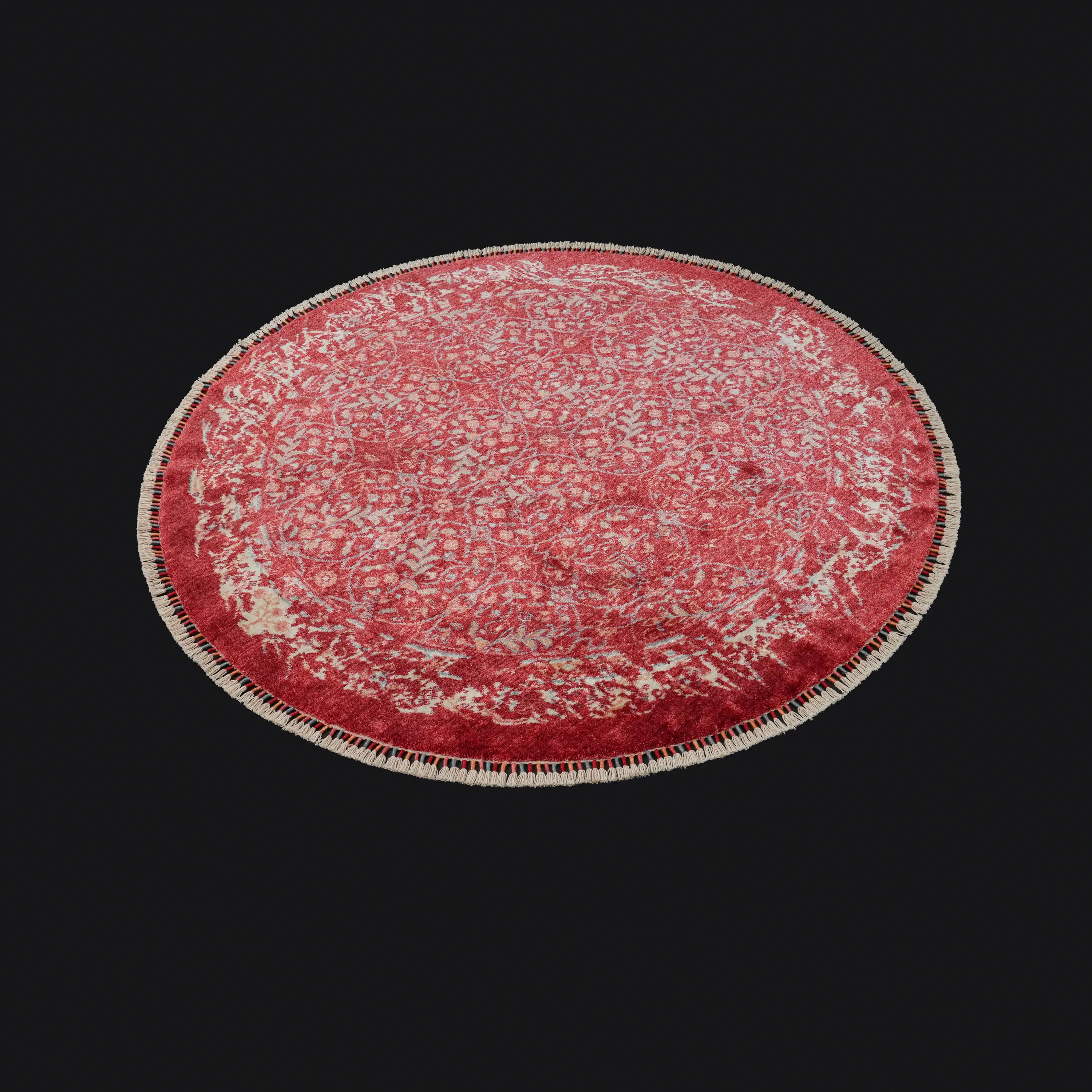 Zade Serisi Çiçek Desenli Kırmızı Tezgah Dokuma Doğal Yuvarlak Halı