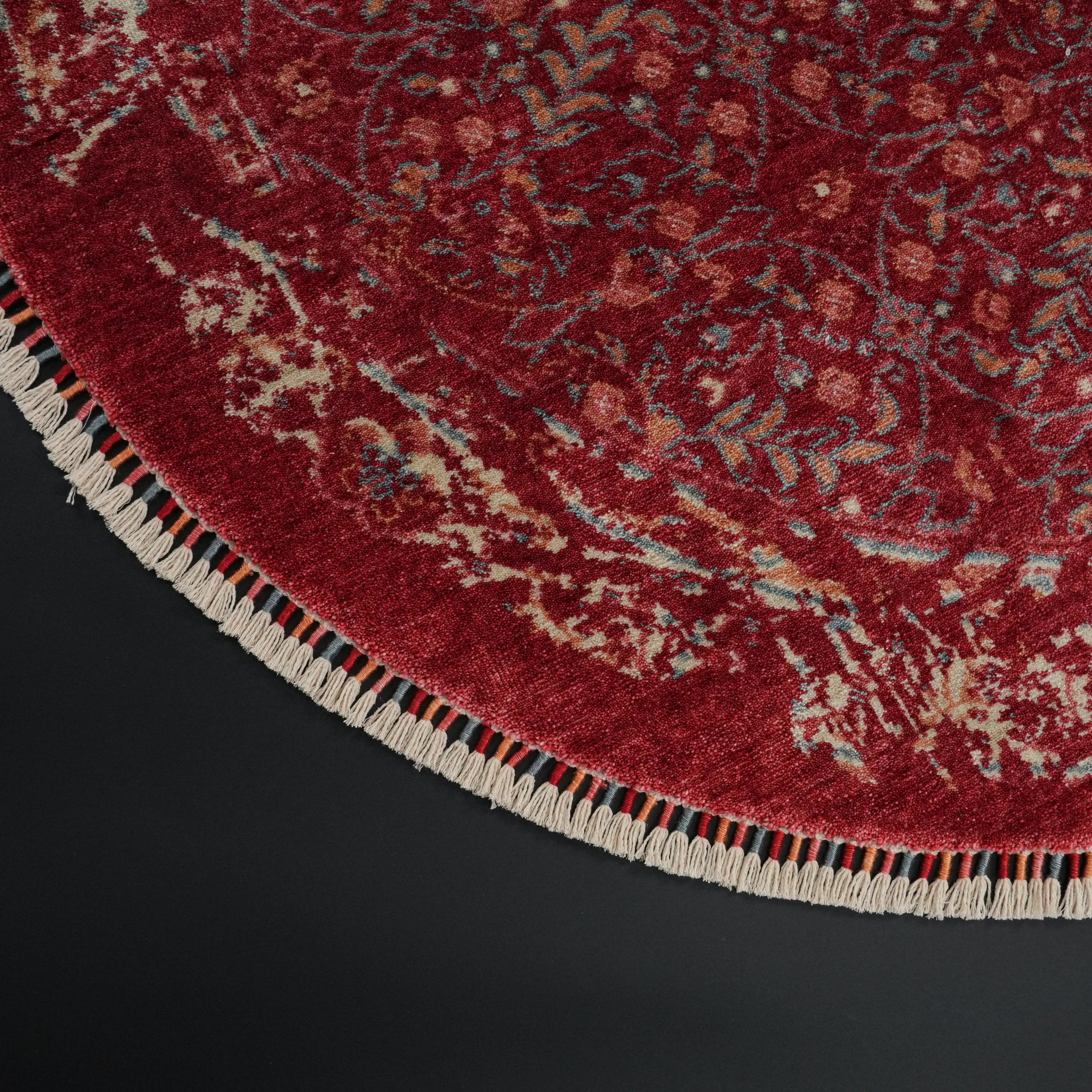 Zade Serisi Çiçek Desenli Kırmızı Tezgah Dokuma Doğal Yuvarlak Halı