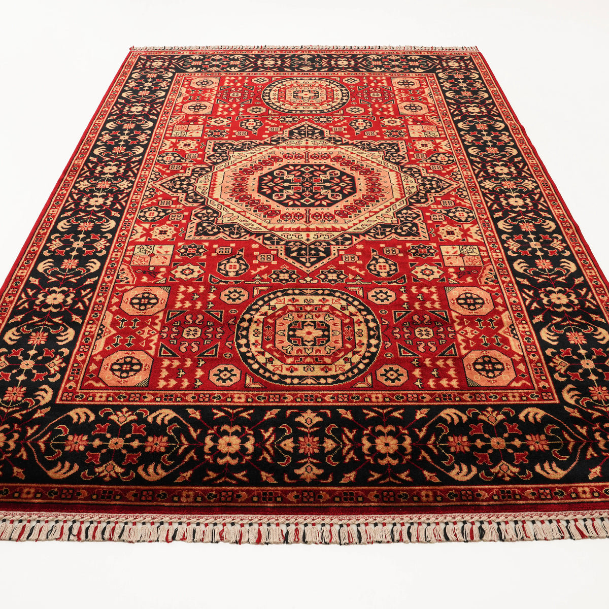 Red Mamluk-Pattern Loom-Woven Tencel® Rug, Zade Series