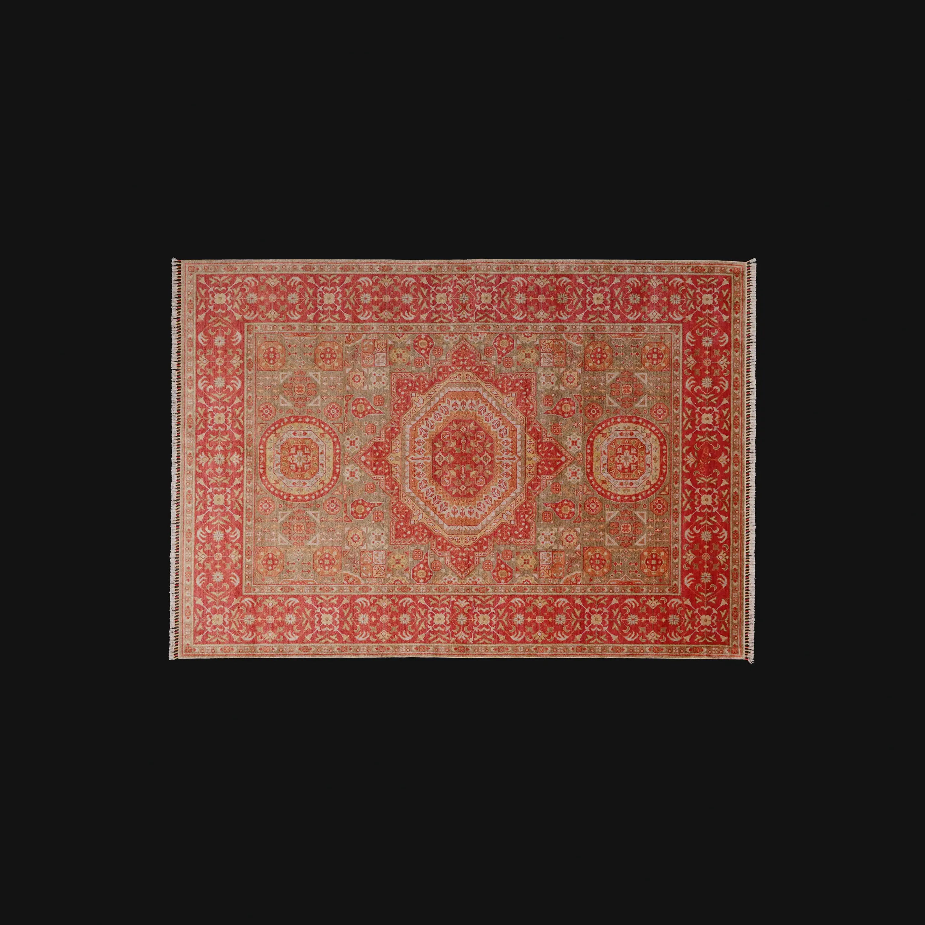 Zade Serisi Memlük Desenli Kırmızı Yeşil Tezgah Dokuma Doğal Halı